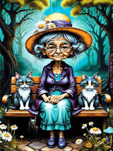 A Diamond Painting Rendering Of An Elderly Lady In A Straw Hat And Purple Jacket Sits On A Bench With Two Cats In A Whimsical Forest Setting. Size - 90cm X 120cm
