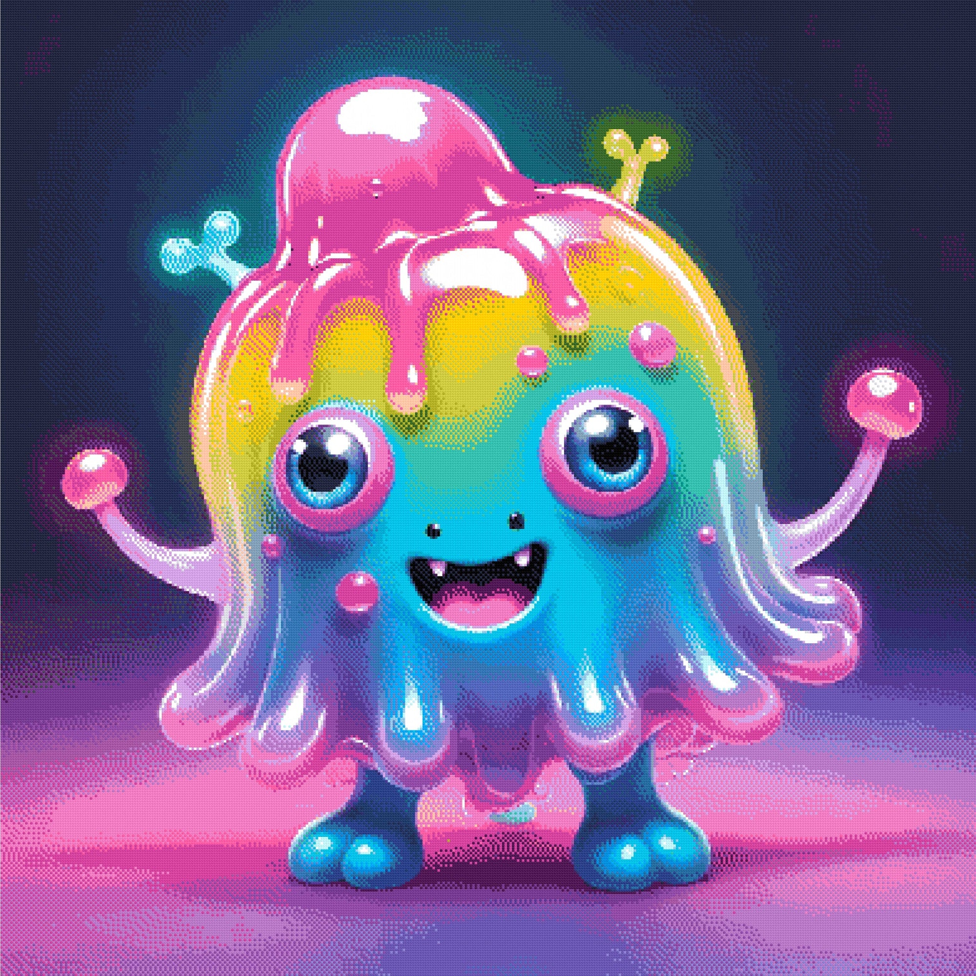 A Diamond Painting Rendering Of A Cheerful, Multicoloured Creature With Large Blue Eyes And A Big Smile Stands In A Glowing, Vibrant Setting. Size - 110cm X 110cm