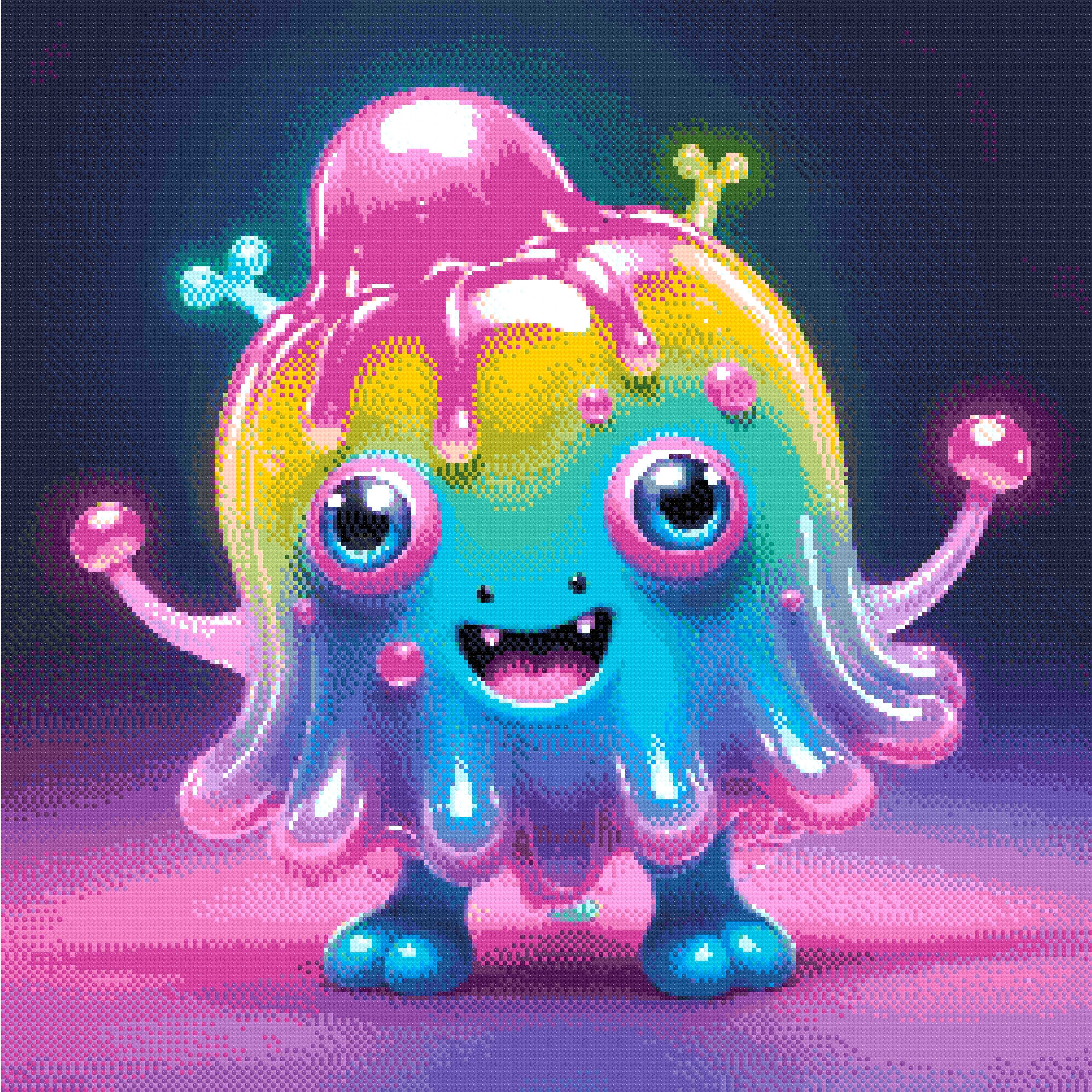 A Diamond Painting Rendering Of A Cheerful, Multicoloured Creature With Large Blue Eyes And A Big Smile Stands In A Glowing, Vibrant Setting. Size - 70cm X 70cm