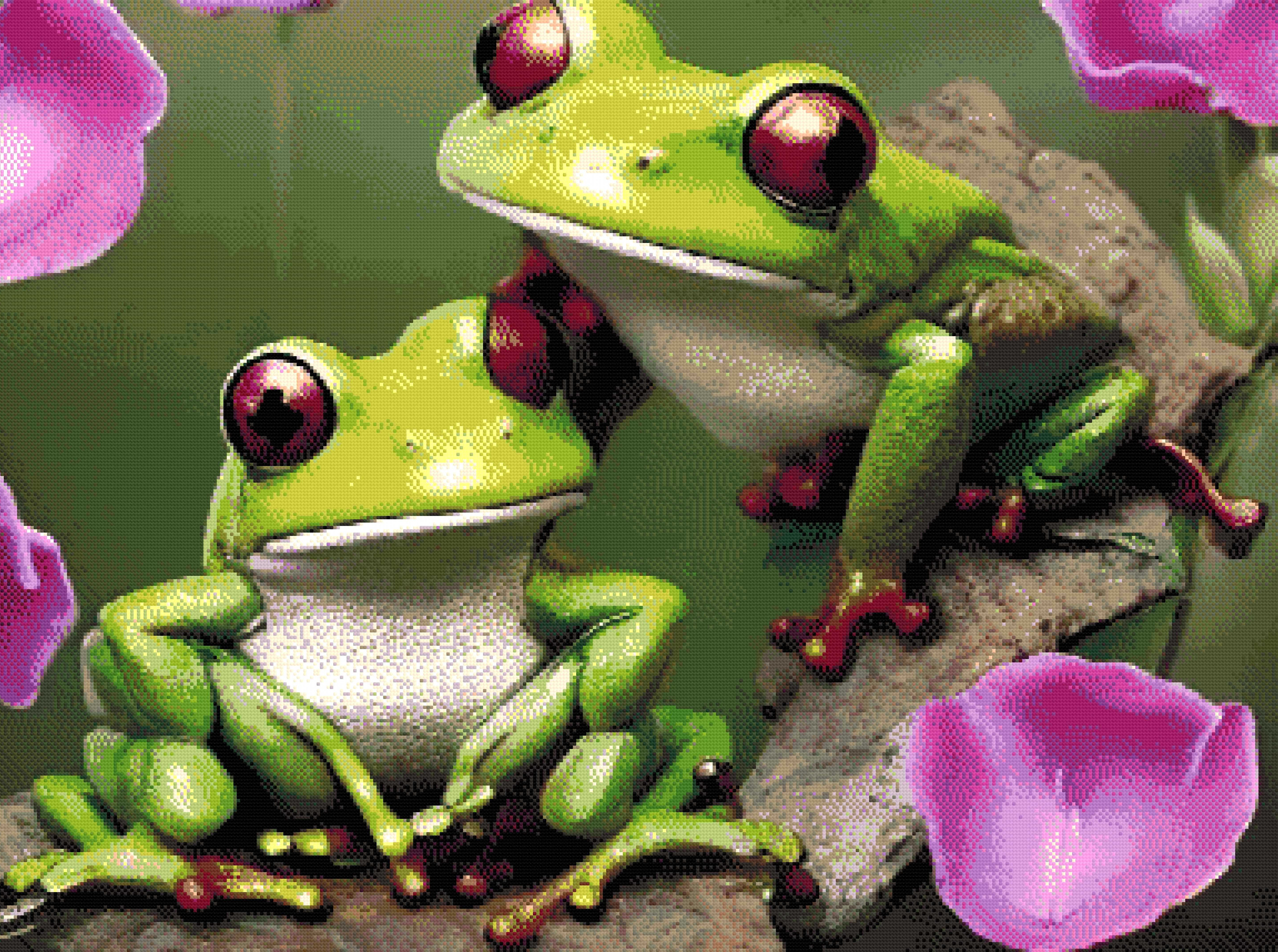 A Diamond Painting Rendering Of Two Vibrant Green Frogs With Red Eyes And Webbed Feet Sit On A Branch, Surrounded By Pink Petals In A Lush Environment. Size - 110cm X 80cm