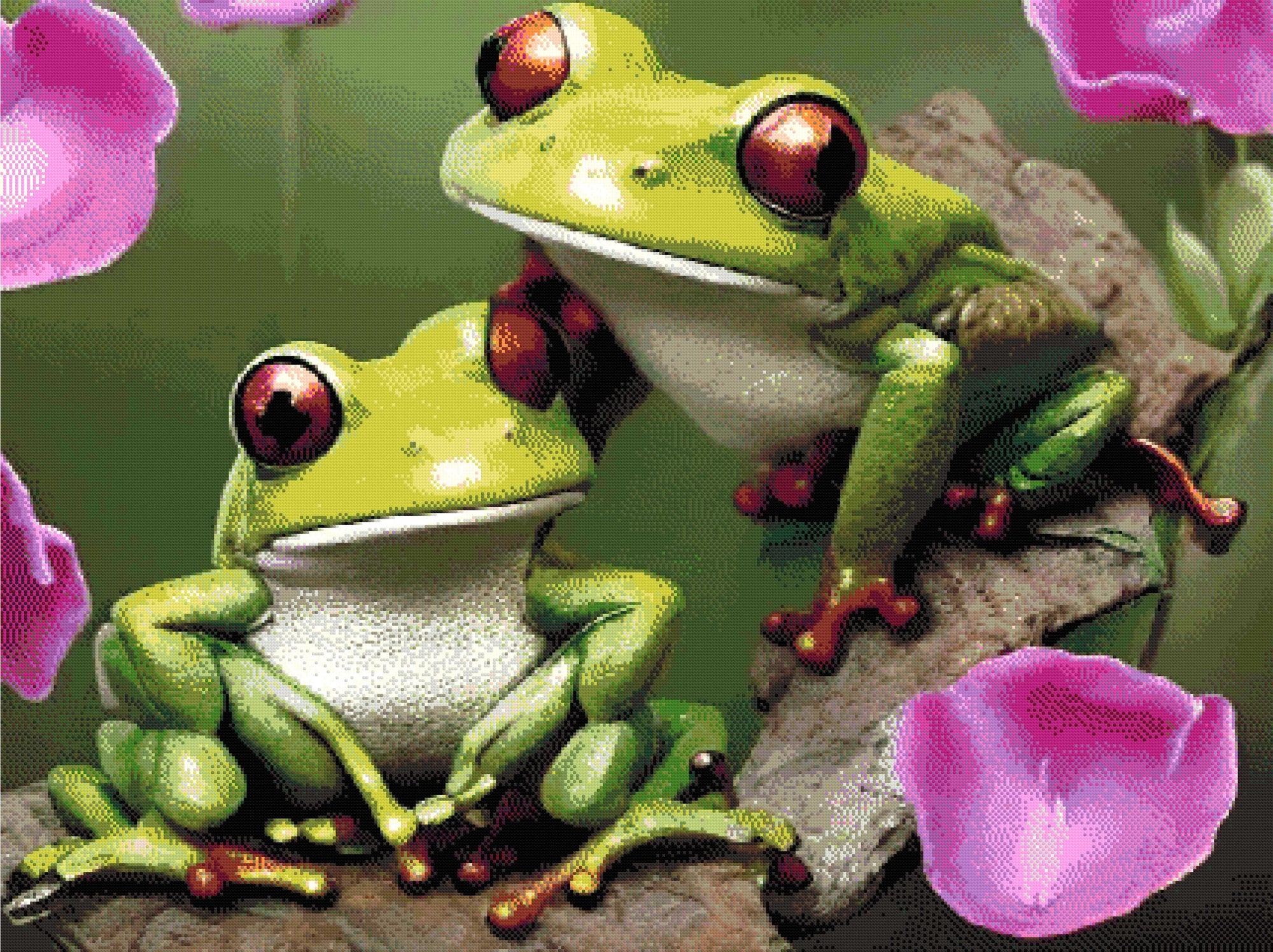 A Diamond Painting Rendering Of Two Vibrant Green Frogs With Red Eyes And Webbed Feet Sit On A Branch, Surrounded By Pink Petals In A Lush Environment. Size - 120cm X 90cm