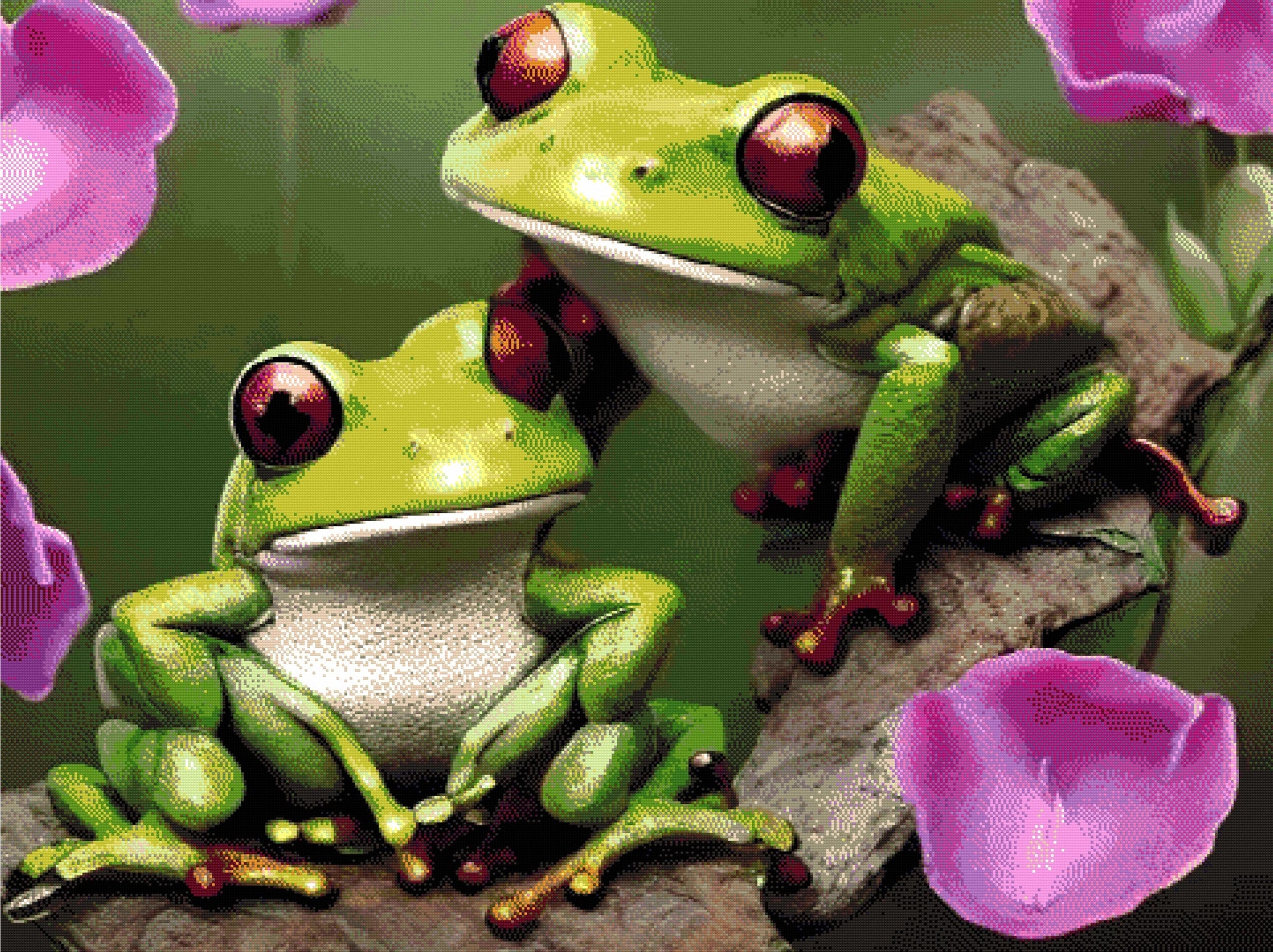 A Diamond Painting Rendering Of Two Vibrant Green Frogs With Red Eyes And Webbed Feet Sit On A Branch, Surrounded By Pink Petals In A Lush Environment. Size - 120cm X 90cm