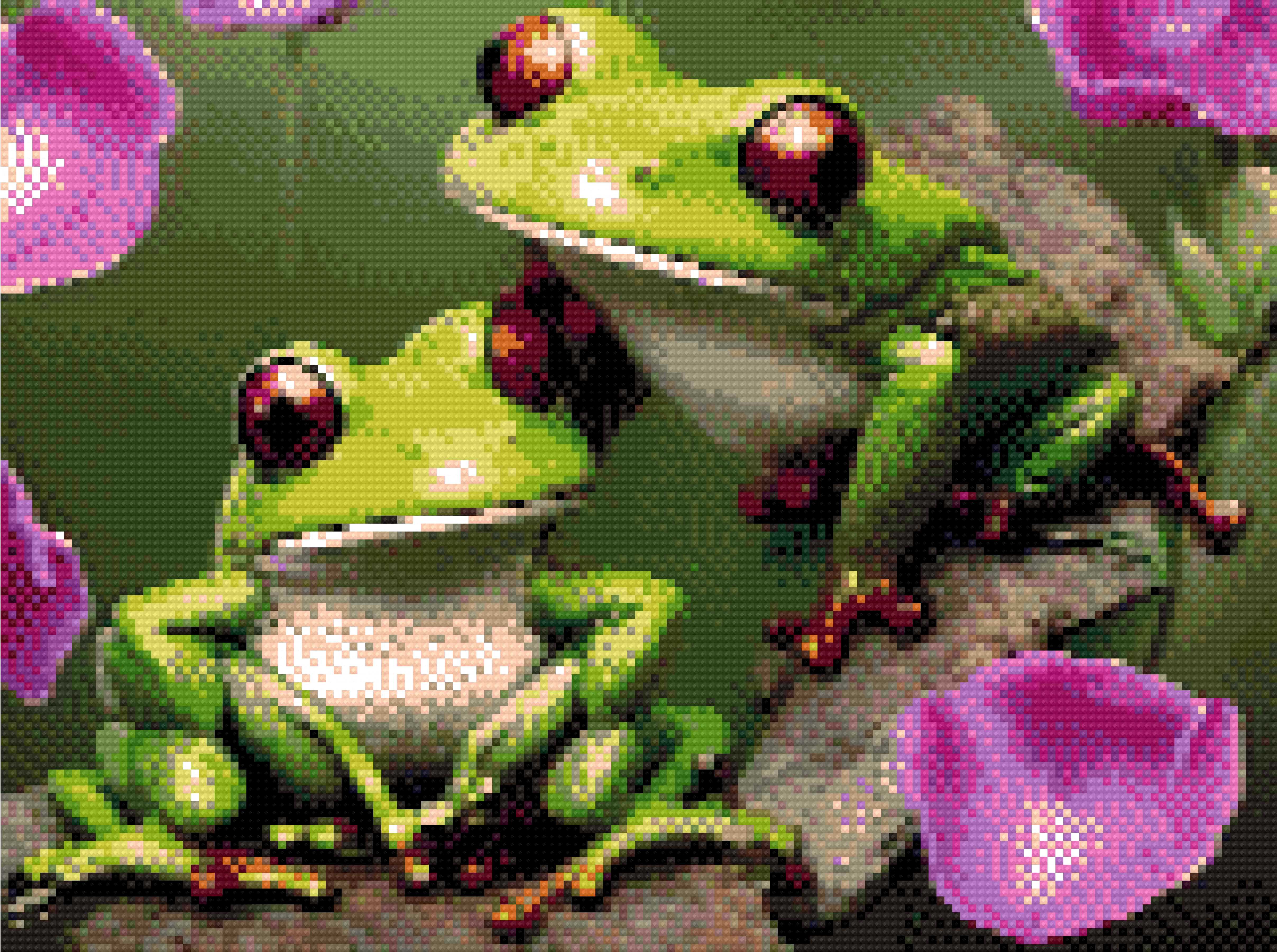 A Diamond Painting Rendering Of Two Vibrant Green Frogs With Red Eyes And Webbed Feet Sit On A Branch, Surrounded By Pink Petals In A Lush Environment. Size - 40cm X 30cm