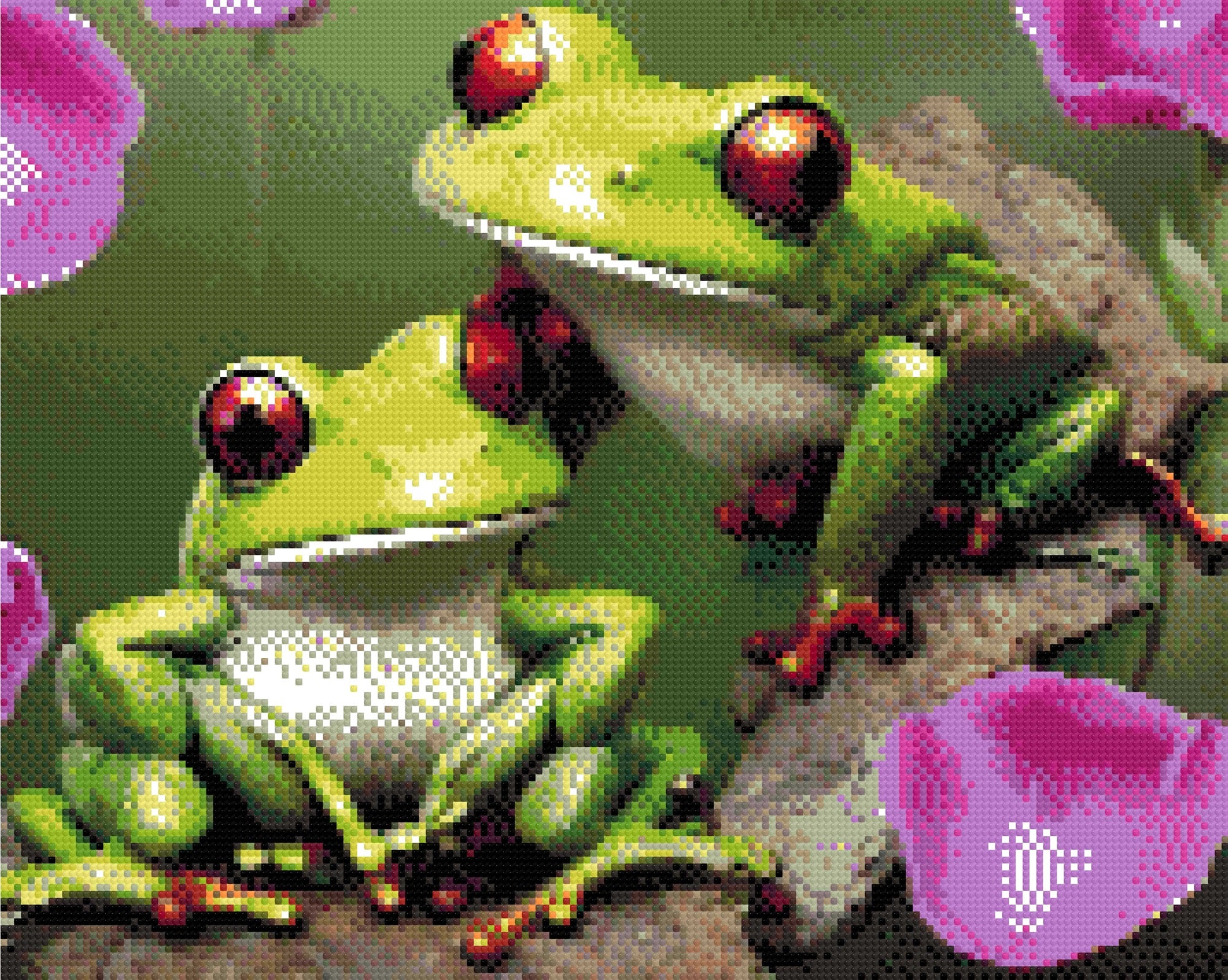 A Diamond Painting Rendering Of Two Vibrant Green Frogs With Red Eyes And Webbed Feet Sit On A Branch, Surrounded By Pink Petals In A Lush Environment. Size - 50cm X 40cm