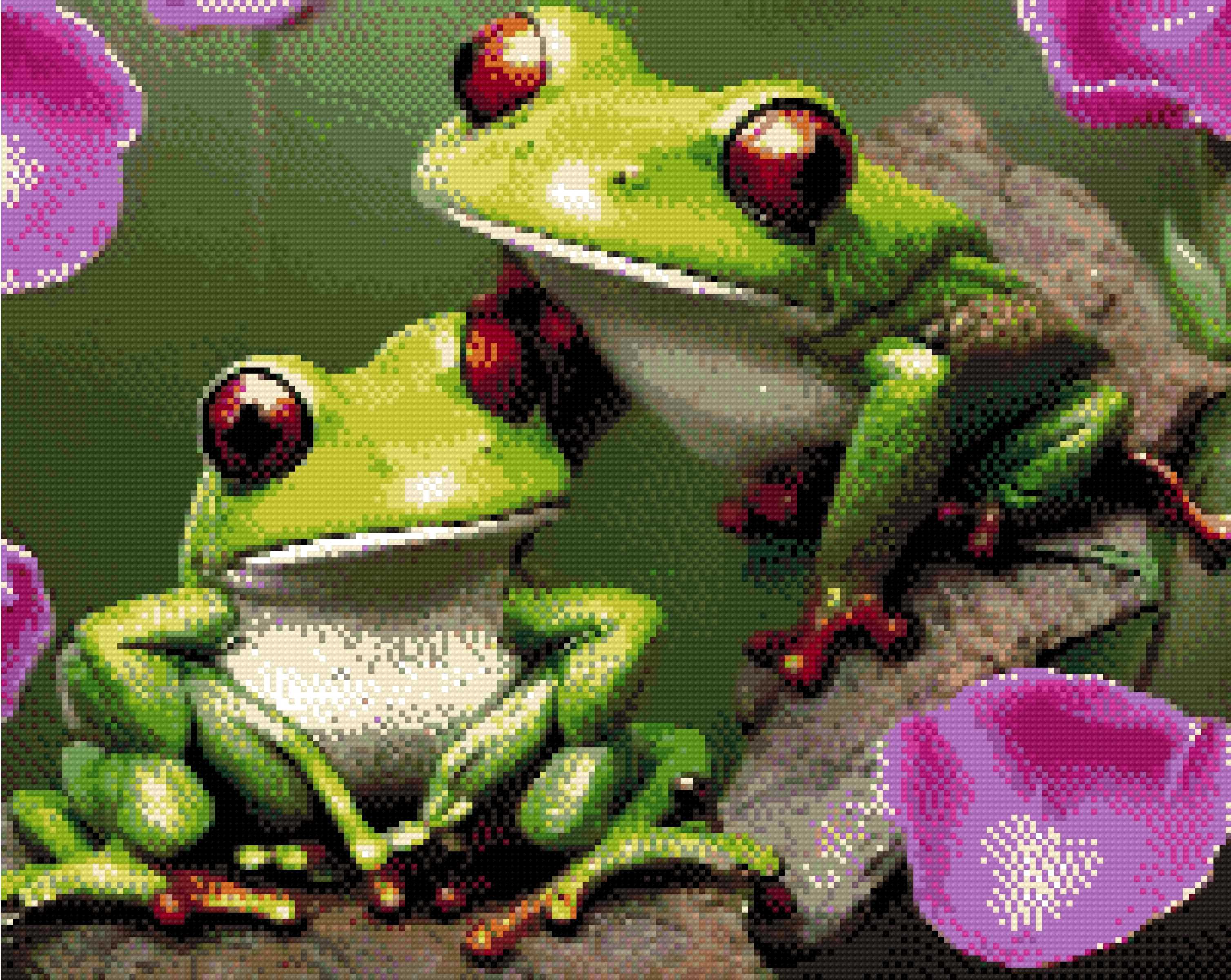 A Diamond Painting Rendering Of Two Vibrant Green Frogs With Red Eyes And Webbed Feet Sit On A Branch, Surrounded By Pink Petals In A Lush Environment. Size - 50cm X 40cm