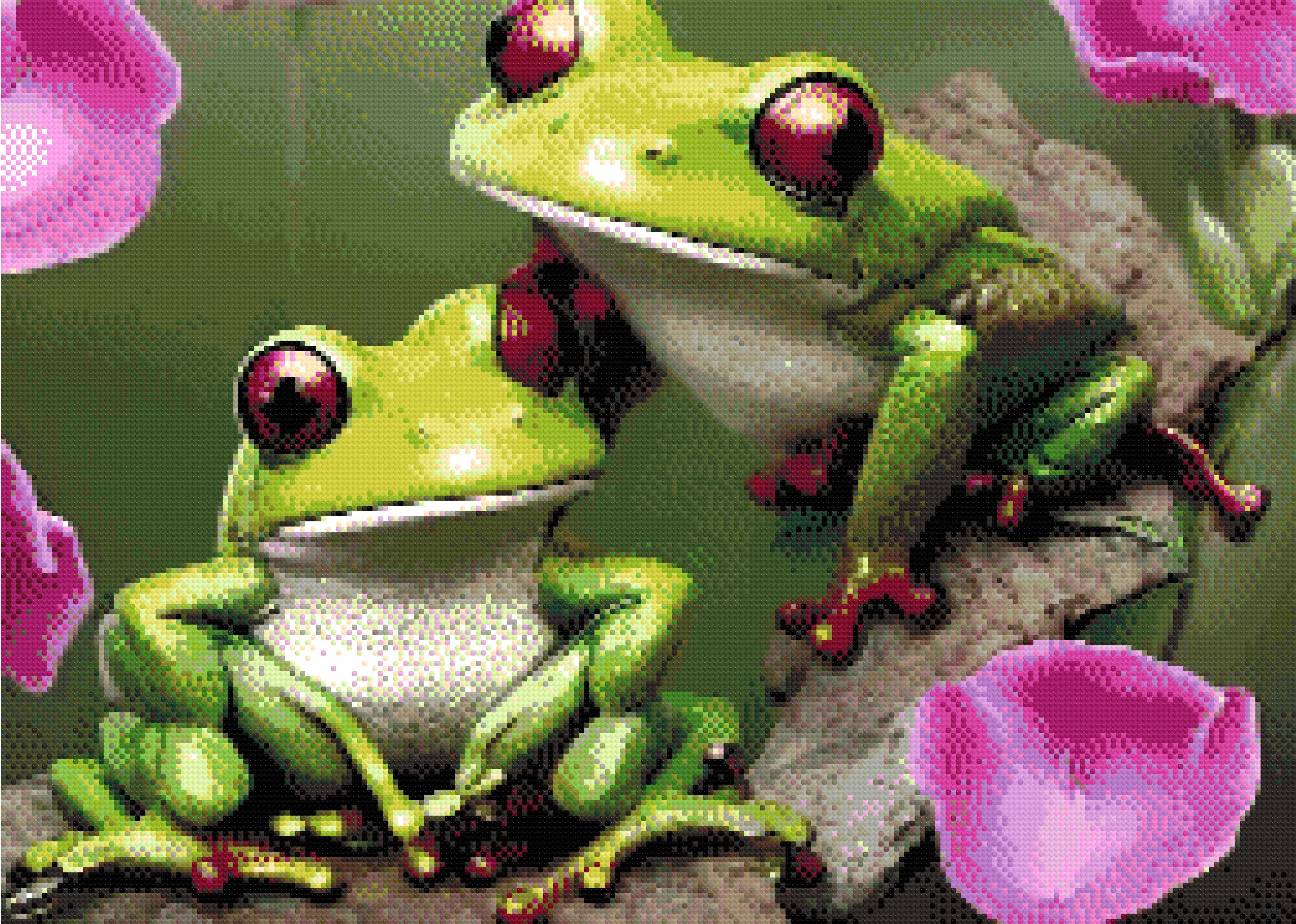 A Diamond Painting Rendering Of Two Vibrant Green Frogs With Red Eyes And Webbed Feet Sit On A Branch, Surrounded By Pink Petals In A Lush Environment. Size - 70cm X 50cm