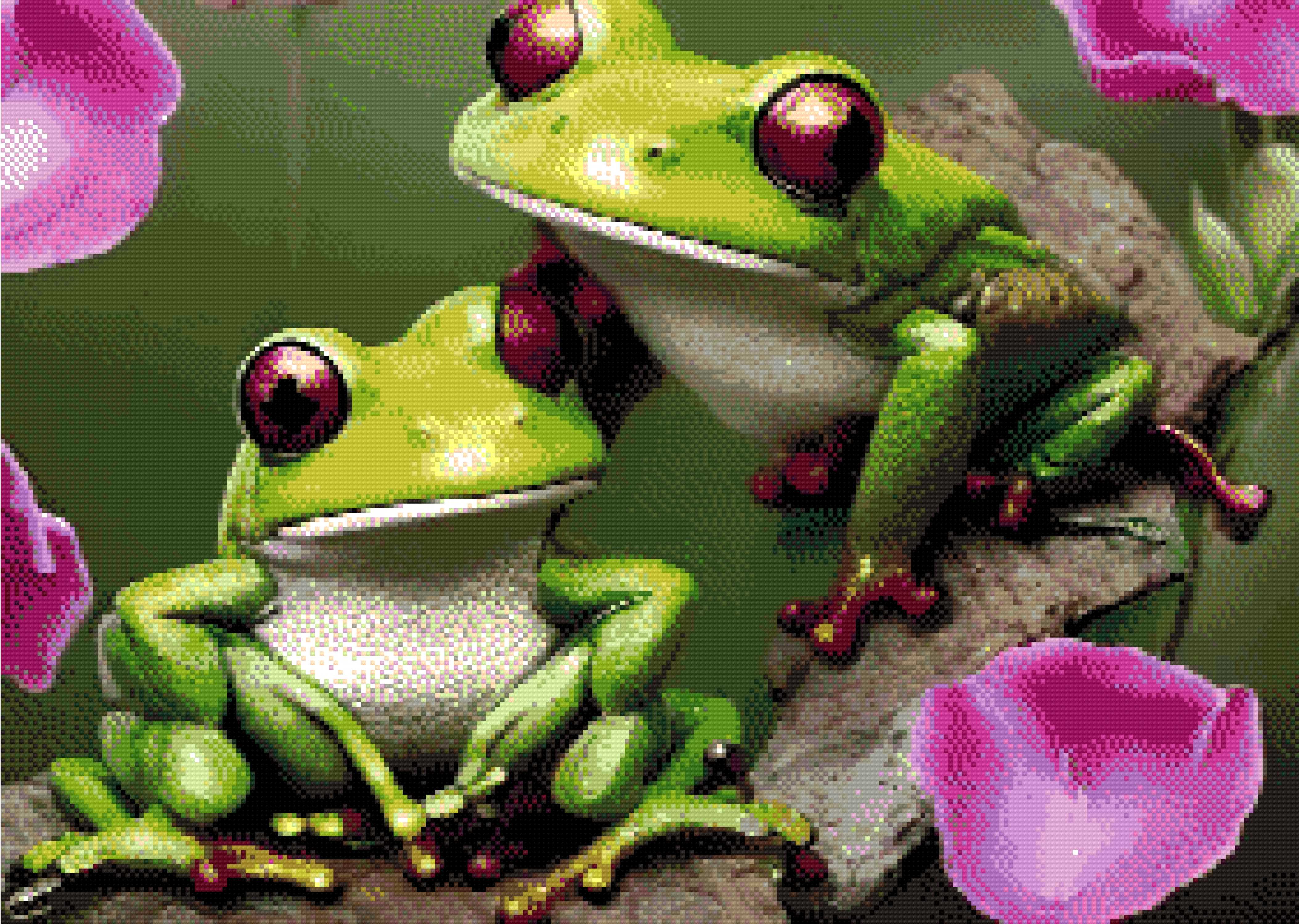 A Diamond Painting Rendering Of Two Vibrant Green Frogs With Red Eyes And Webbed Feet Sit On A Branch, Surrounded By Pink Petals In A Lush Environment. Size - 70cm X 50cm
