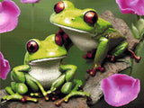 A Diamond Painting Rendering Of Two Vibrant Green Frogs With Red Eyes And Webbed Feet Sit On A Branch, Surrounded By Pink Petals In A Lush Environment. Size - 80cm X 60cm