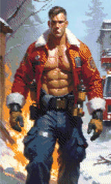 A Diamond Painting Rendering Of A Muscular Firefighter In A Red Jacket And Blue Pants Strides Through A Snowy, Burning Scene With Flames In The Background. Size - 30cm X 50cm