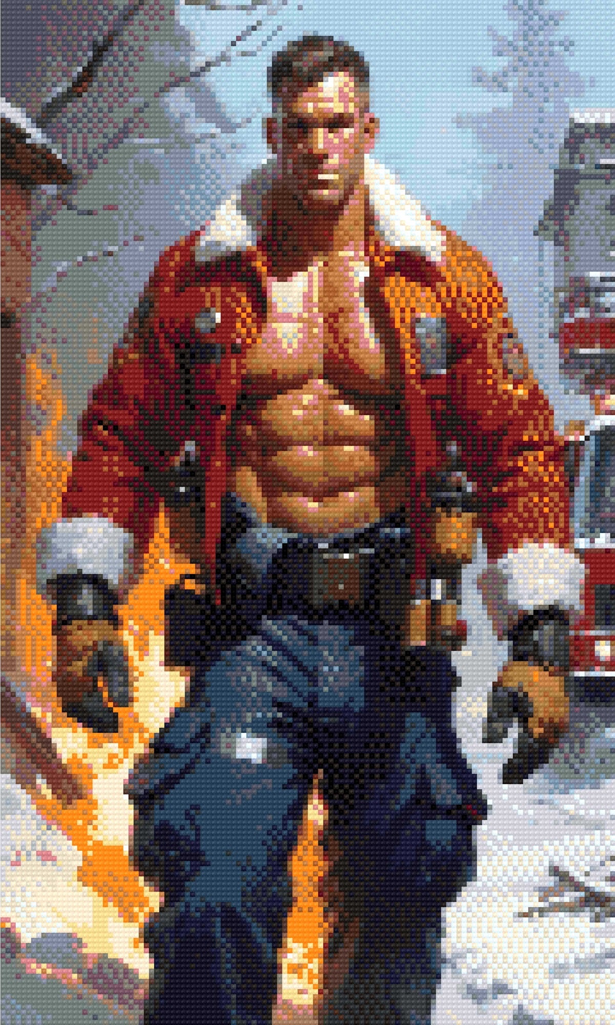 A Diamond Painting Rendering Of A Muscular Firefighter In A Red Jacket And Blue Pants Strides Through A Snowy, Burning Scene With Flames In The Background. Size - 30cm X 50cm