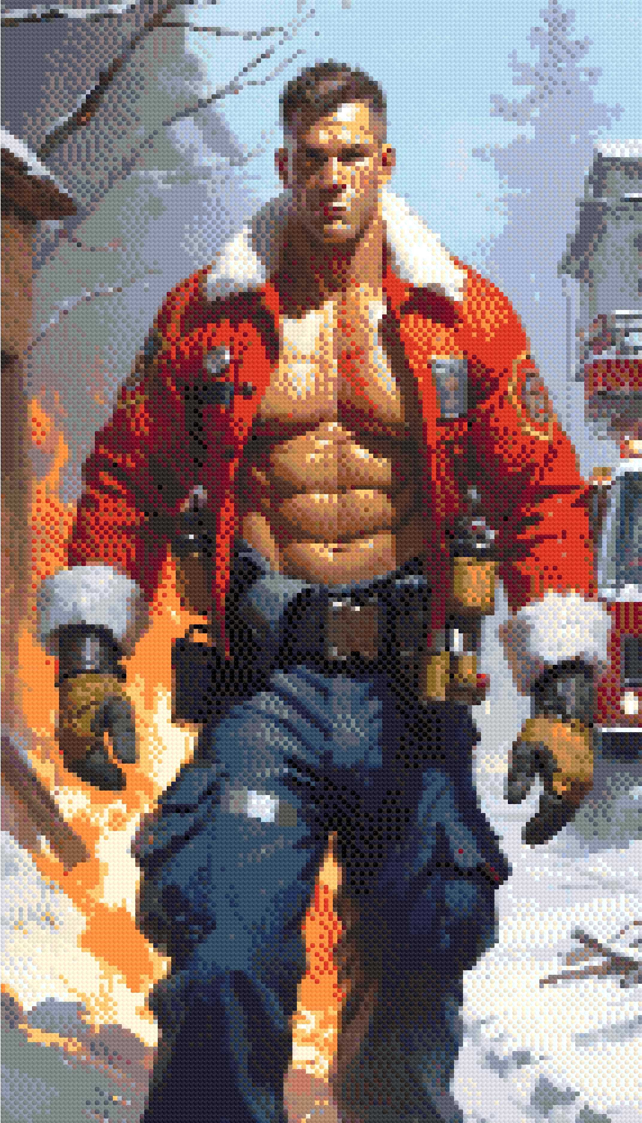 A Diamond Painting Rendering Of A Muscular Firefighter In A Red Jacket And Blue Pants Strides Through A Snowy, Burning Scene With Flames In The Background. Size - 40cm X 70cm