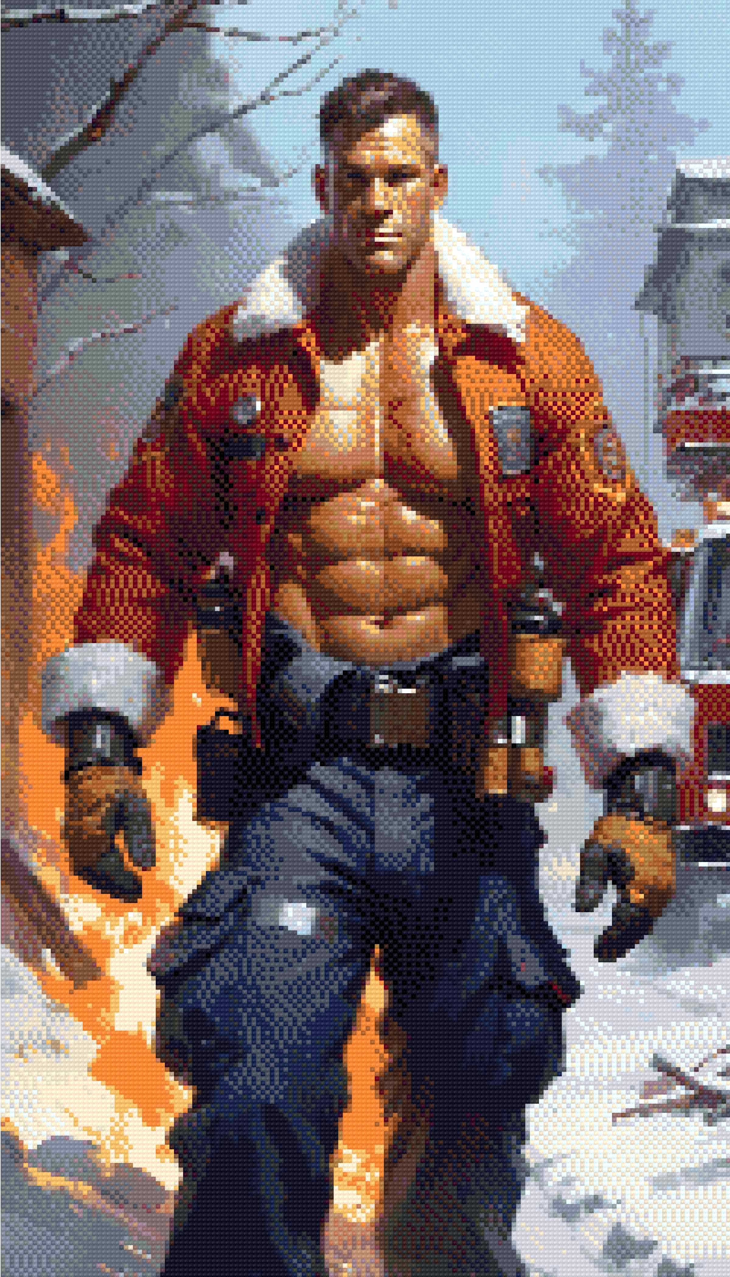 A Diamond Painting Rendering Of A Muscular Firefighter In A Red Jacket And Blue Pants Strides Through A Snowy, Burning Scene With Flames In The Background. Size - 40cm X 70cm