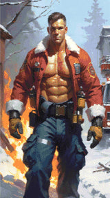 A Diamond Painting Rendering Of A Muscular Firefighter In A Red Jacket And Blue Pants Strides Through A Snowy, Burning Scene With Flames In The Background. Size - 50cm X 90cm