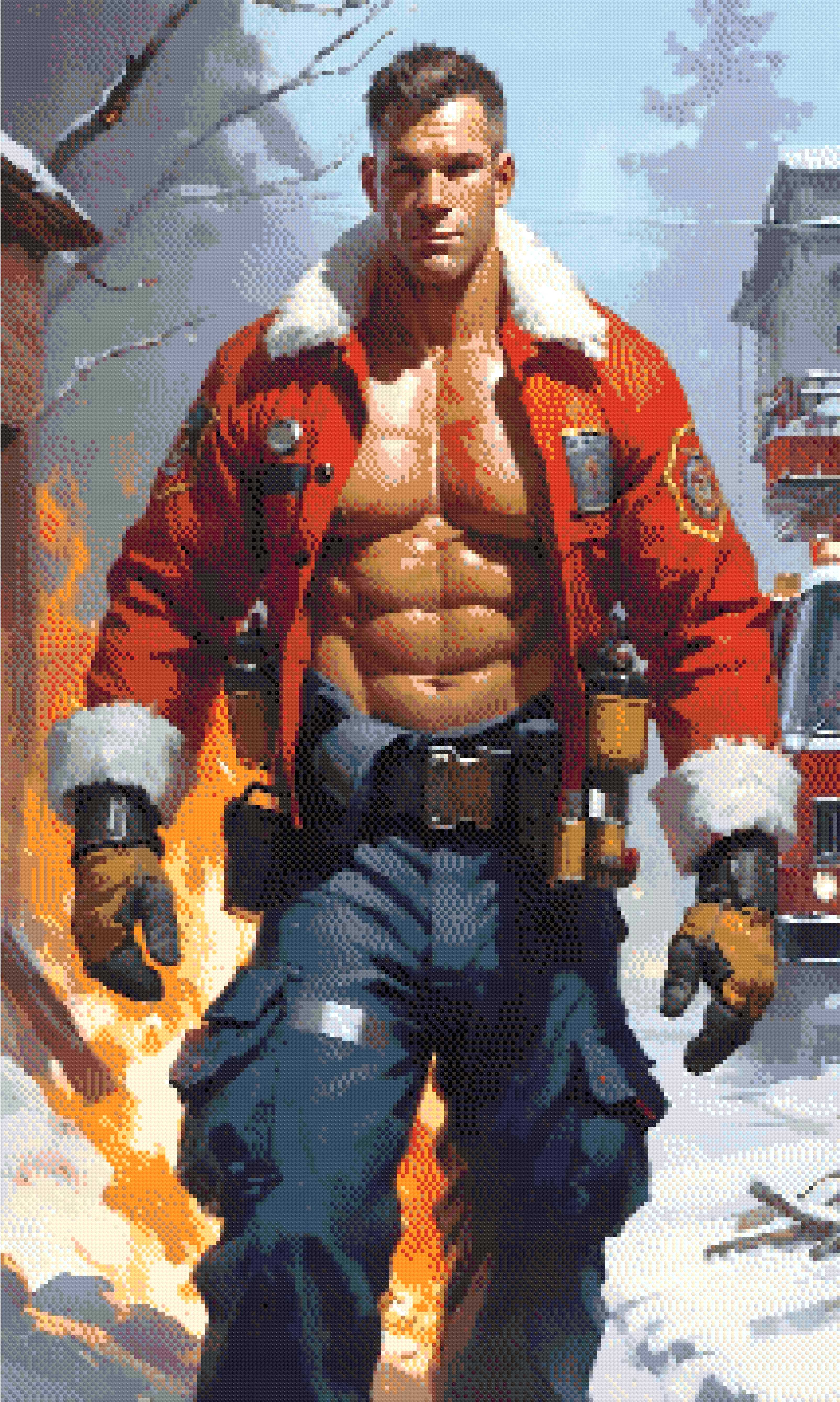 A Diamond Painting Rendering Of A Muscular Firefighter In A Red Jacket And Blue Pants Strides Through A Snowy, Burning Scene With Flames In The Background. Size - 60cm X 100cm