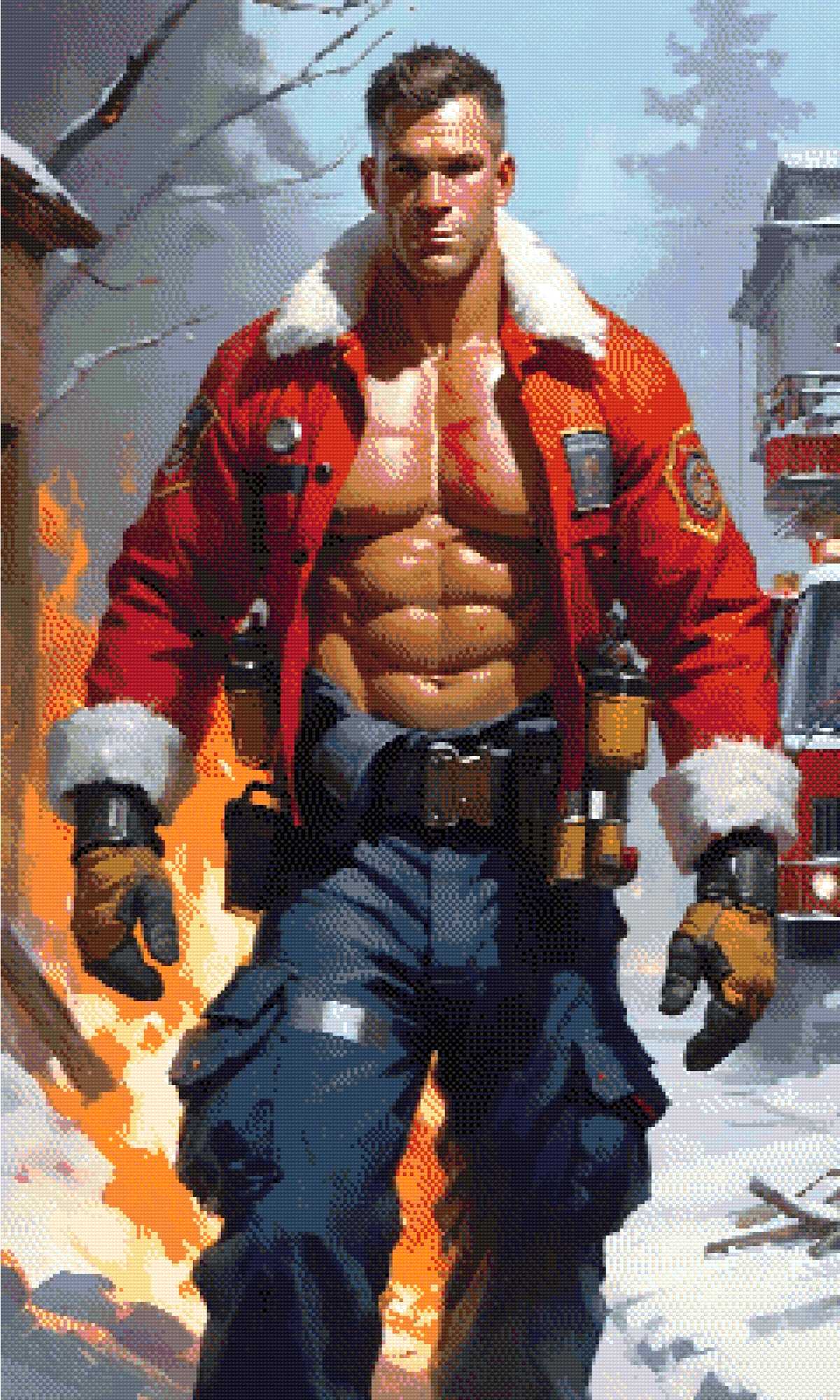A Diamond Painting Rendering Of A Muscular Firefighter In A Red Jacket And Blue Pants Strides Through A Snowy, Burning Scene With Flames In The Background. Size - 60cm X 100cm