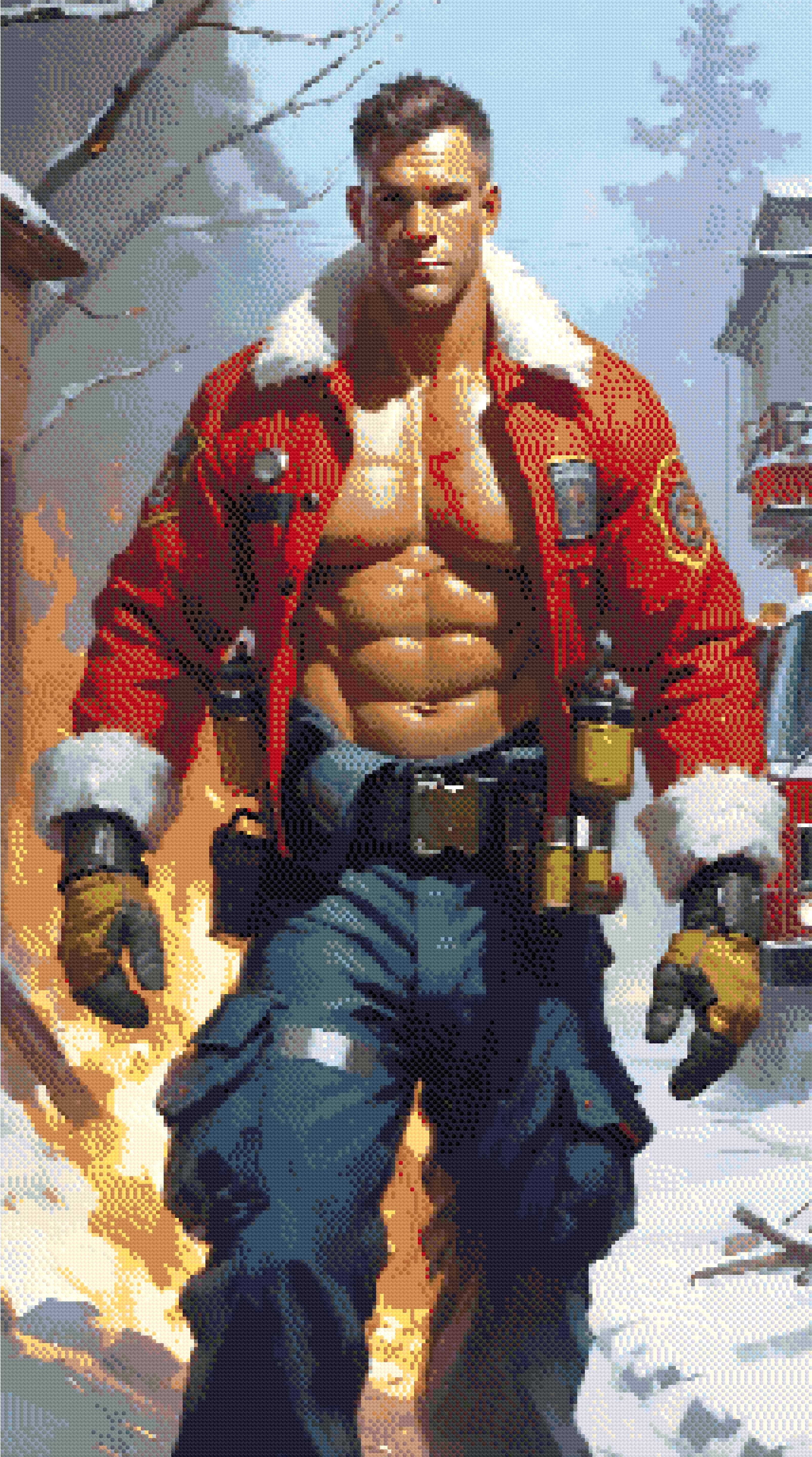A Diamond Painting Rendering Of A Muscular Firefighter In A Red Jacket And Blue Pants Strides Through A Snowy, Burning Scene With Flames In The Background. Size - 60cm X 110cm
