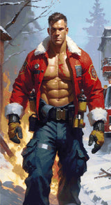 A Diamond Painting Rendering Of A Muscular Firefighter In A Red Jacket And Blue Pants Strides Through A Snowy, Burning Scene With Flames In The Background. Size - 60cm X 110cm