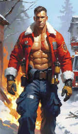 A Diamond Painting Rendering Of A Muscular Firefighter In A Red Jacket And Blue Pants Strides Through A Snowy, Burning Scene With Flames In The Background. Size - 70cm X 120cm