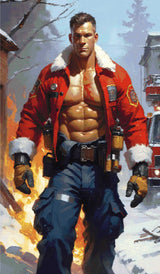 A Diamond Painting Rendering Of A Muscular Firefighter In A Red Jacket And Blue Pants Strides Through A Snowy, Burning Scene With Flames In The Background. Size - 70cm X 120cm