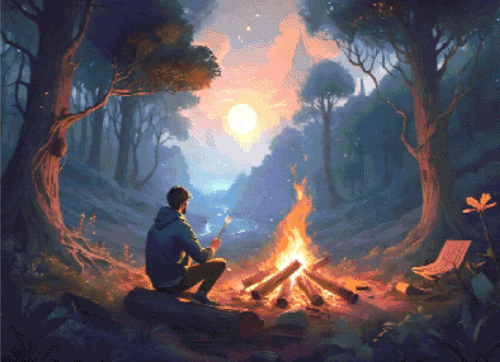 A Diamond Painting Rendering Of A Man Roasts Marshmallows By A Campfire In A Tranquil Forest At Sunset, With Fireflies And A Flowing Stream Nearby. Size - 110cm X 80cm