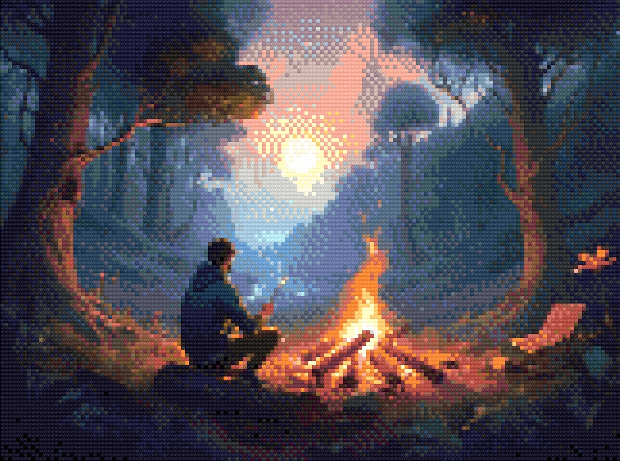 A Diamond Painting Rendering Of A Man Roasts Marshmallows By A Campfire In A Tranquil Forest At Sunset, With Fireflies And A Flowing Stream Nearby. Size - 40cm X 30cm