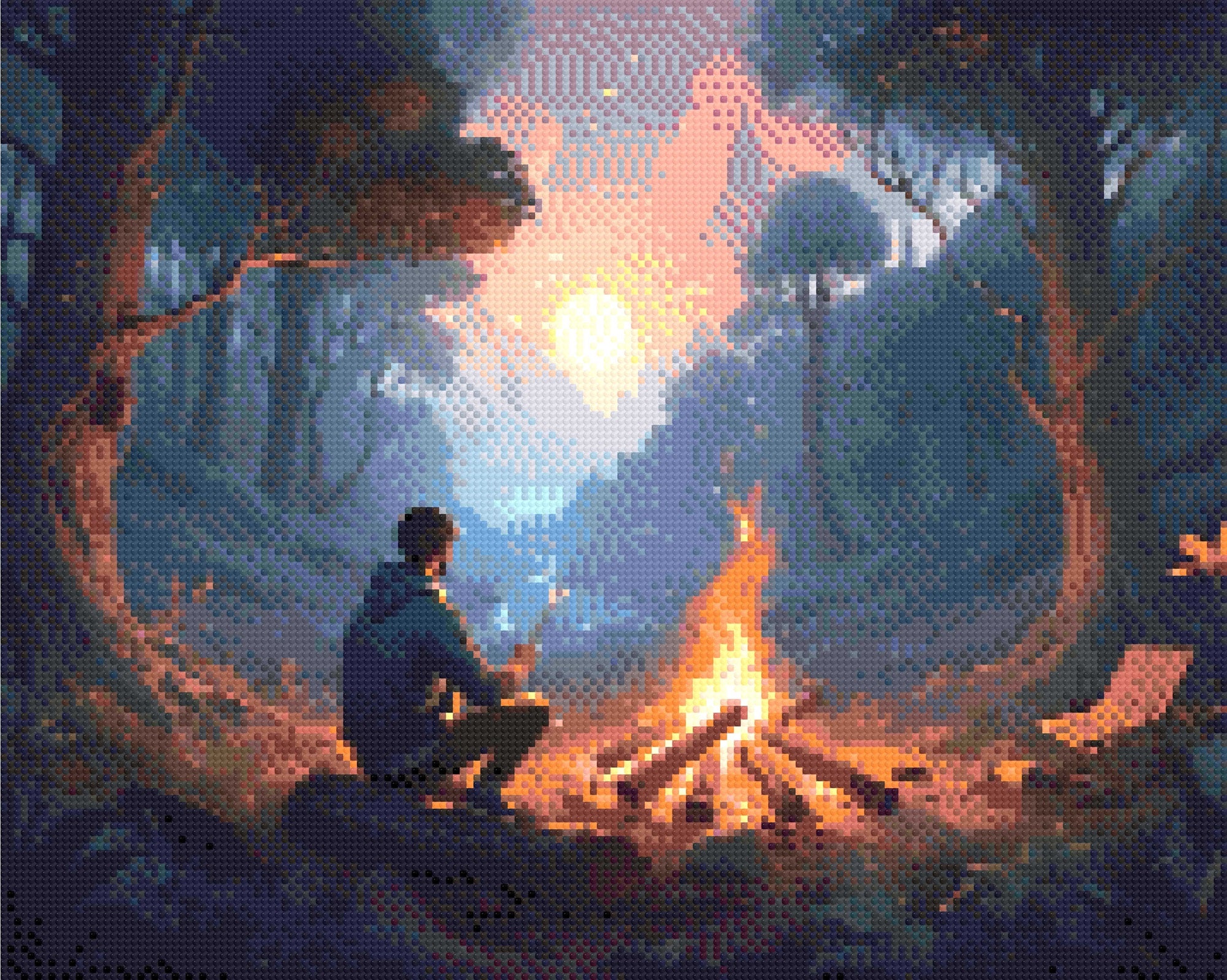 A Diamond Painting Rendering Of A Man Roasts Marshmallows By A Campfire In A Tranquil Forest At Sunset, With Fireflies And A Flowing Stream Nearby. Size - 50cm X 40cm