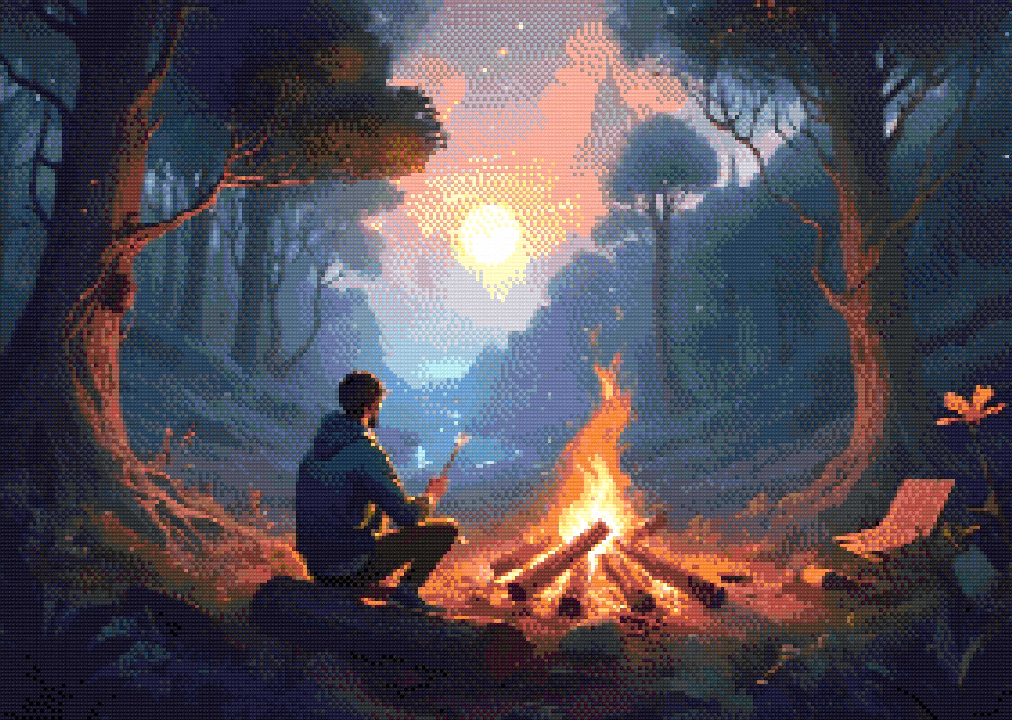 A Diamond Painting Rendering Of A Man Roasts Marshmallows By A Campfire In A Tranquil Forest At Sunset, With Fireflies And A Flowing Stream Nearby. Size - 70cm X 50cm