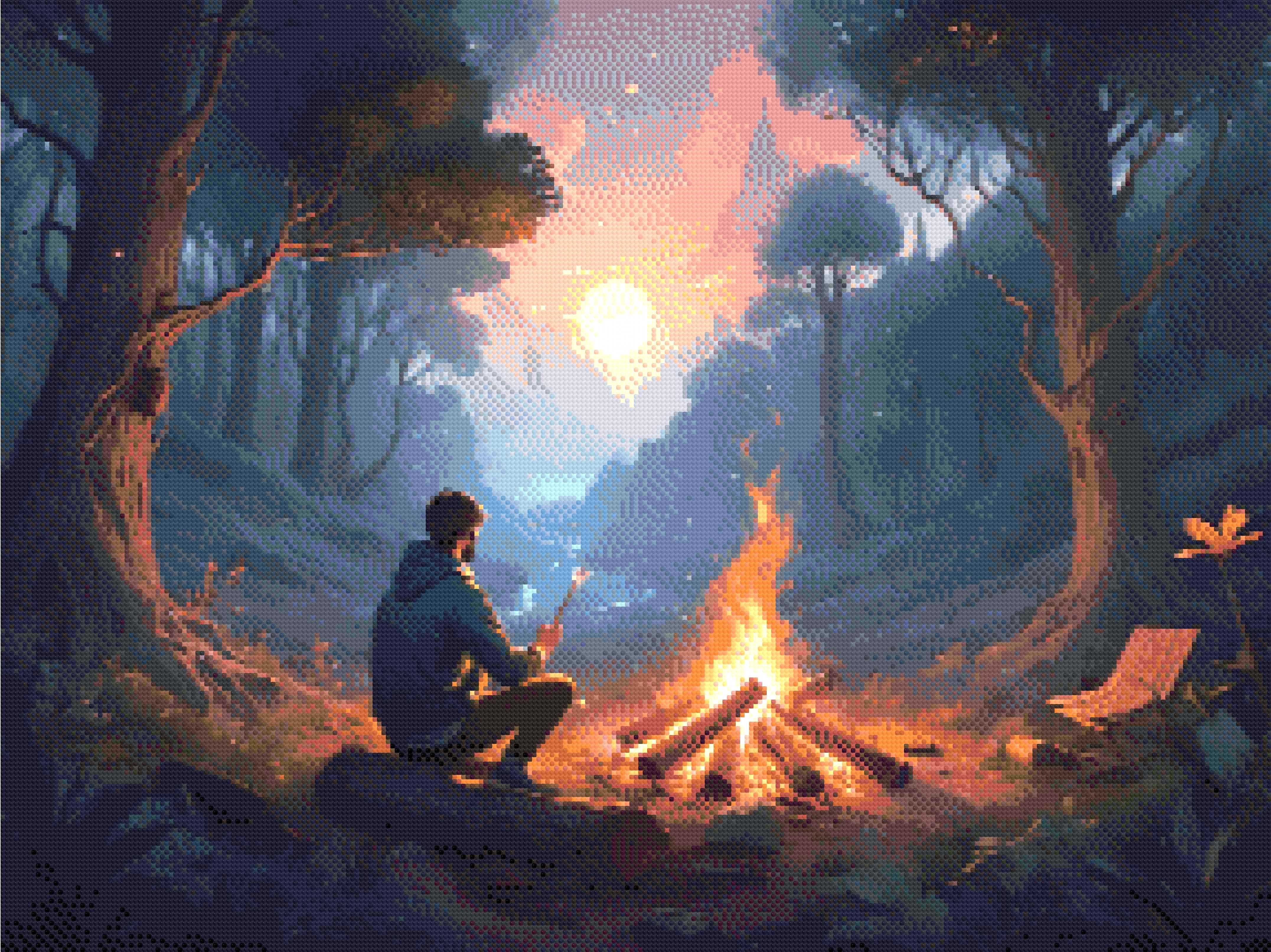 A Diamond Painting Rendering Of A Man Roasts Marshmallows By A Campfire In A Tranquil Forest At Sunset, With Fireflies And A Flowing Stream Nearby. Size - 80cm X 60cm
