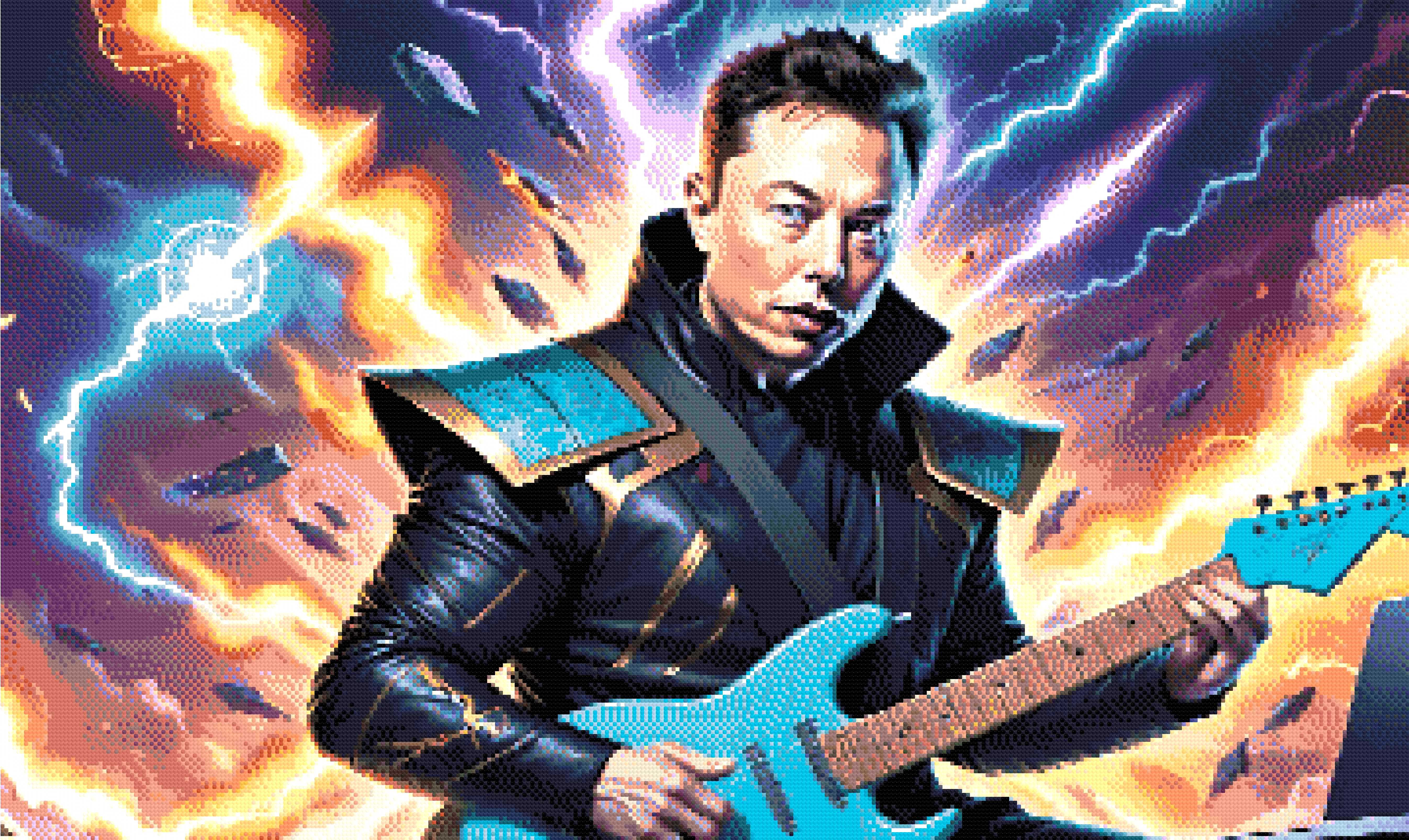 A Diamond Painting Rendering Of A Man In A High-tech Outfit Plays An Electric Guitar With A Background Of Lightning Bolts And Spacecrafts. Size - 100cm X 60cm