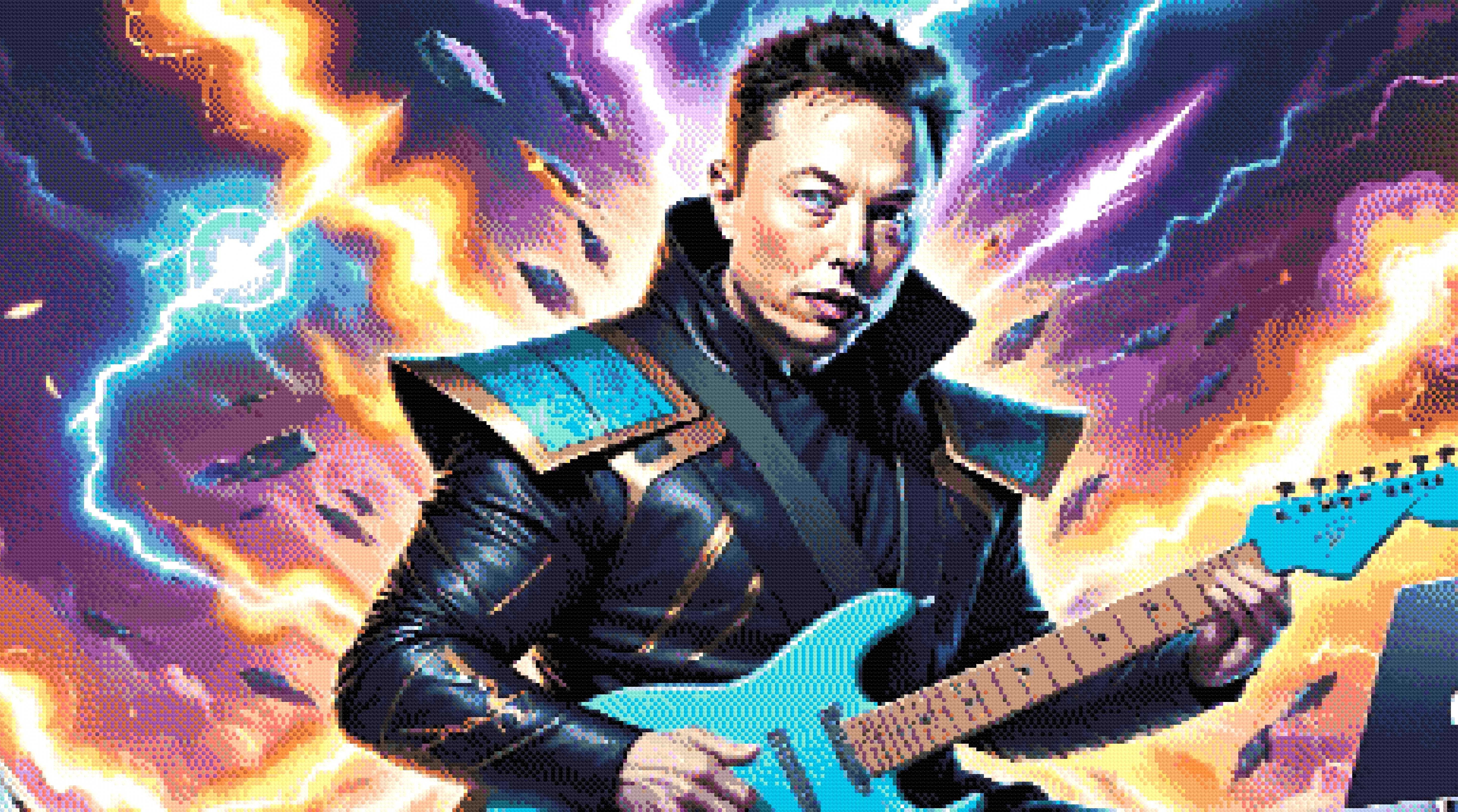 A Diamond Painting Rendering Of A Man In A High-tech Outfit Plays An Electric Guitar With A Background Of Lightning Bolts And Spacecrafts. Size - 110cm X 60cm