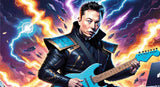 A Diamond Painting Rendering Of A Man In A High-tech Outfit Plays An Electric Guitar With A Background Of Lightning Bolts And Spacecrafts. Size - 110cm X 60cm