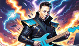 A Diamond Painting Rendering Of A Man In A High-tech Outfit Plays An Electric Guitar With A Background Of Lightning Bolts And Spacecrafts. Size - 120cm X 70cm