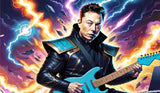A Diamond Painting Rendering Of A Man In A High-tech Outfit Plays An Electric Guitar With A Background Of Lightning Bolts And Spacecrafts. Size - 120cm X 70cm