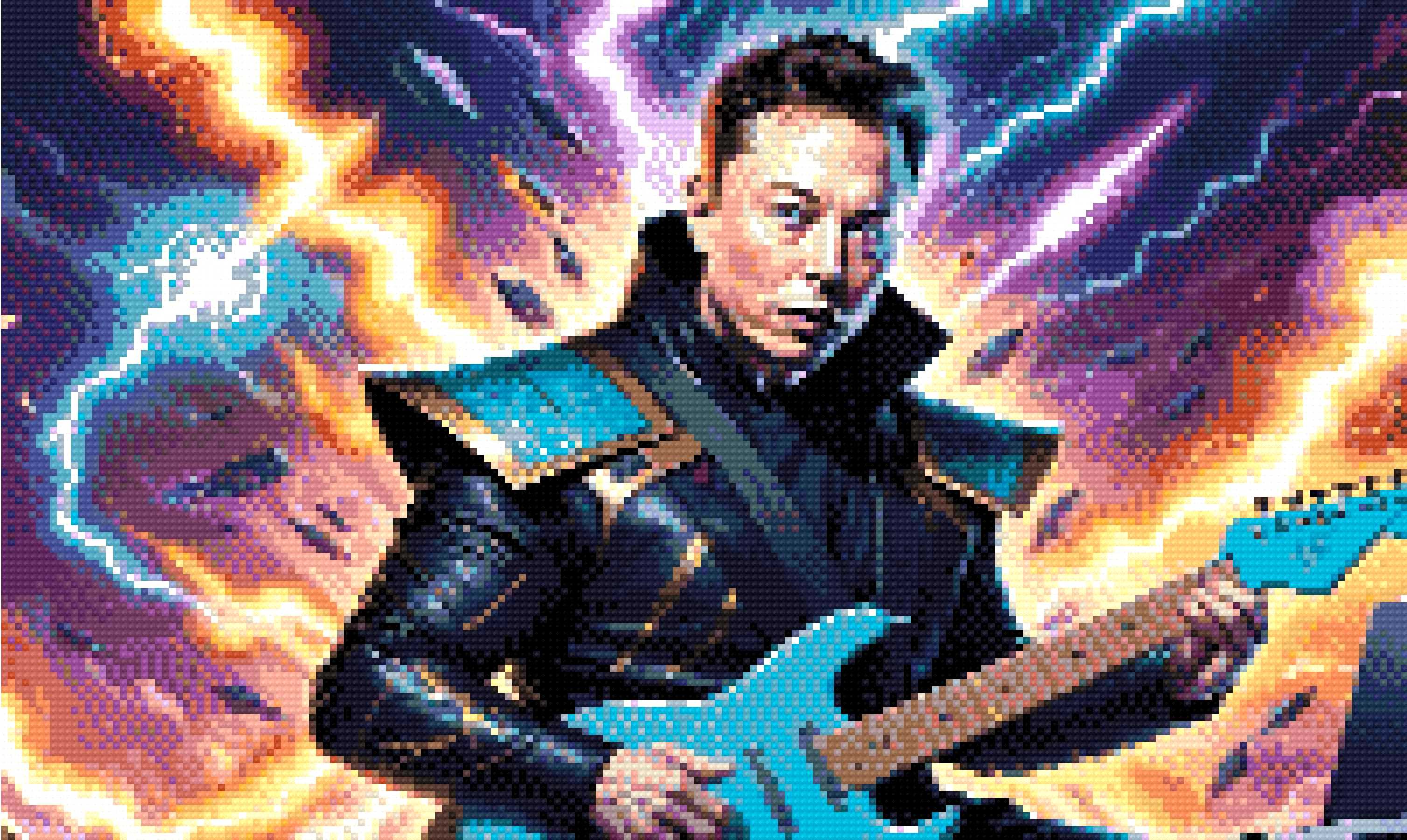 A Diamond Painting Rendering Of A Man In A High-tech Outfit Plays An Electric Guitar With A Background Of Lightning Bolts And Spacecrafts. Size - 50cm X 30cm