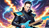 A Diamond Painting Rendering Of A Man In A High-tech Outfit Plays An Electric Guitar With A Background Of Lightning Bolts And Spacecrafts. Size - 70cm X 40cm