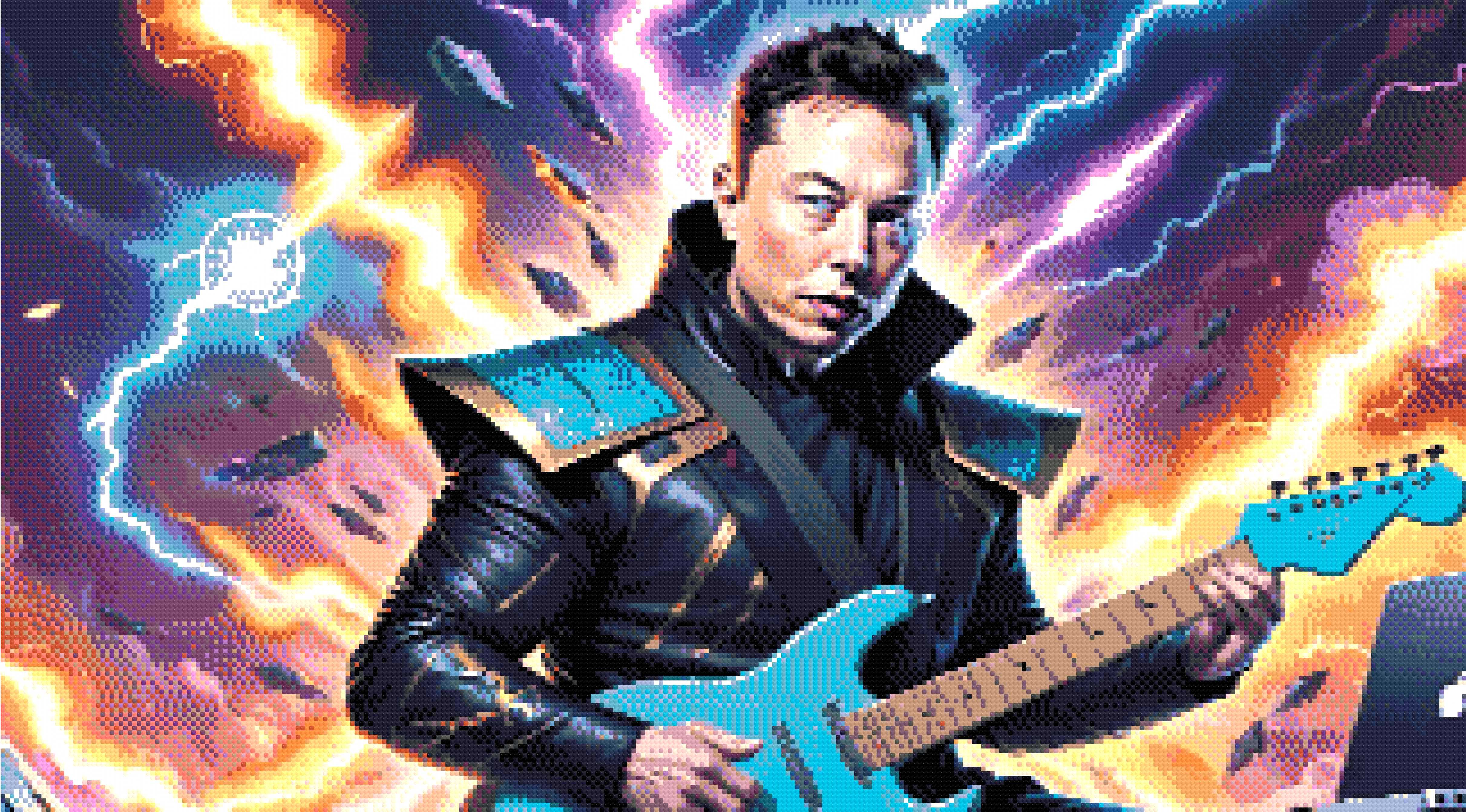 A Diamond Painting Rendering Of A Man In A High-tech Outfit Plays An Electric Guitar With A Background Of Lightning Bolts And Spacecrafts. Size - 90cm X 50cm