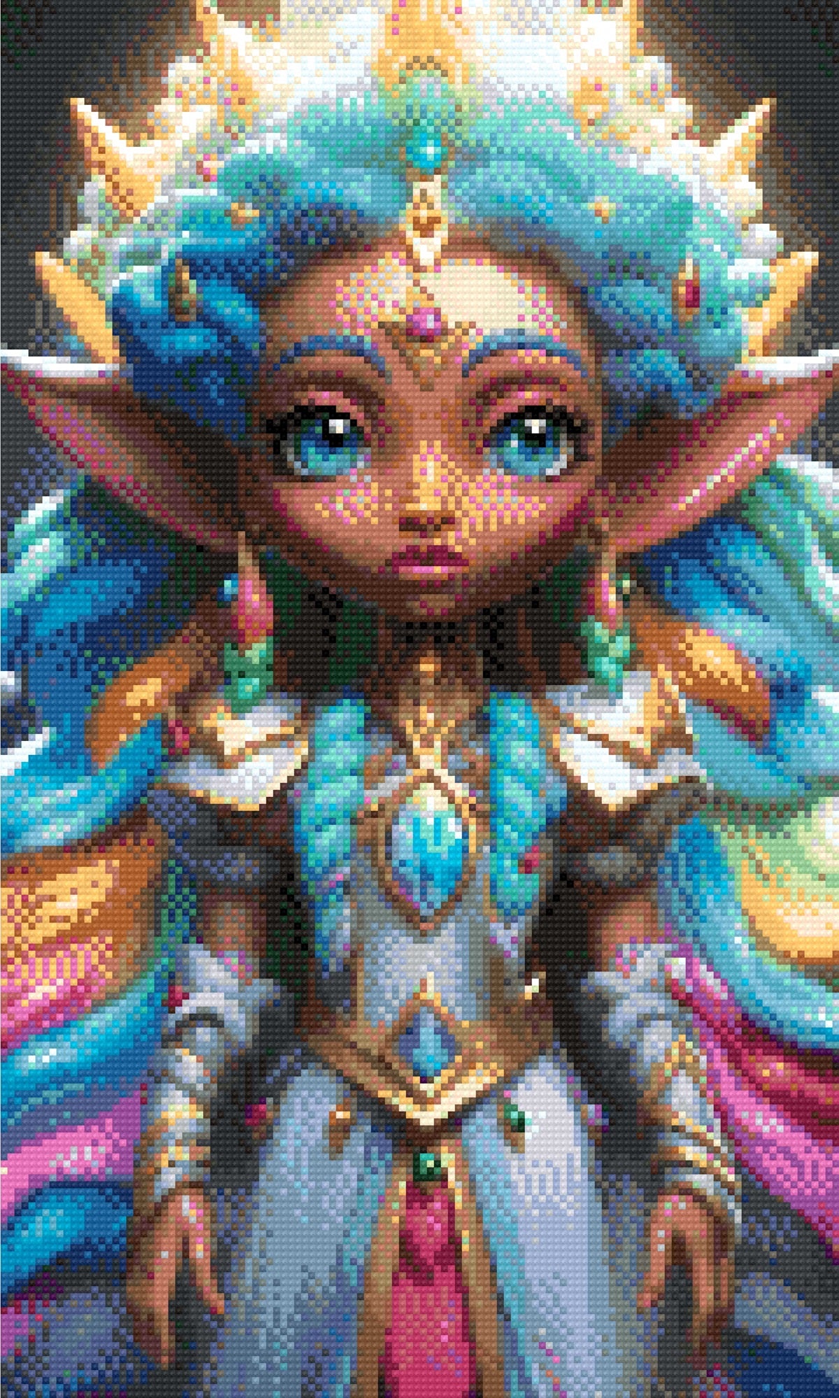 A Diamond Painting Rendering Of A Regal Elf Princess With Vibrant Pastel Hair And A Jeweled Dress Stands In A Magical Realm, Exuding Grace And Power. Size - 30cm X 50cm