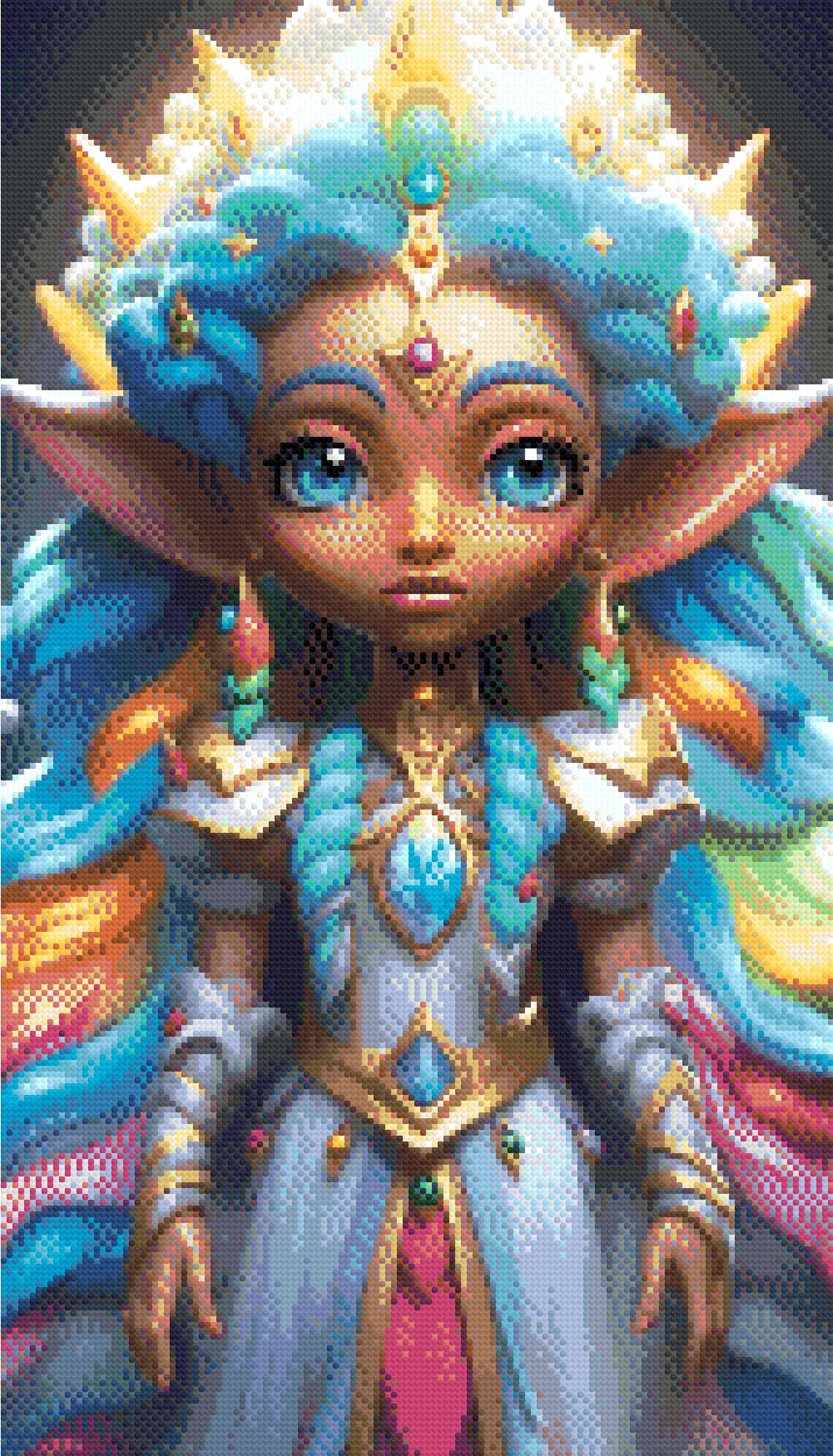 A Diamond Painting Rendering Of A Regal Elf Princess With Vibrant Pastel Hair And A Jeweled Dress Stands In A Magical Realm, Exuding Grace And Power. Size - 40cm X 70cm