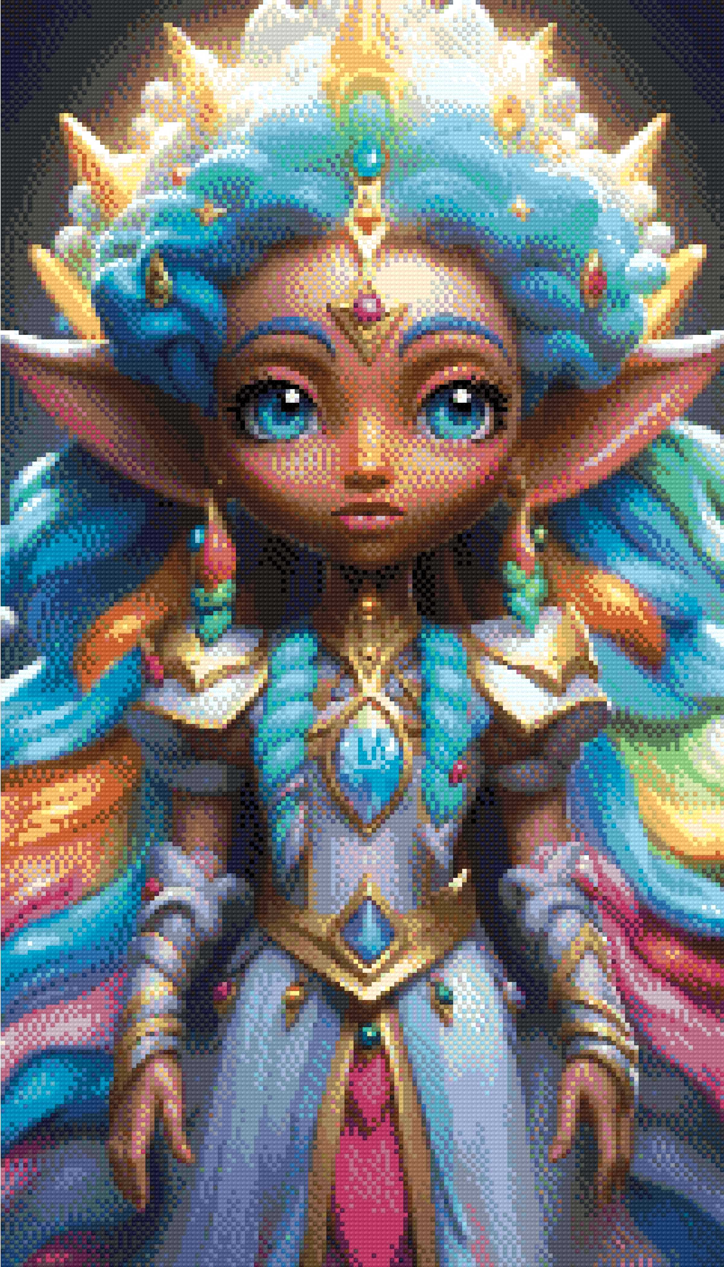 A Diamond Painting Rendering Of A Regal Elf Princess With Vibrant Pastel Hair And A Jeweled Dress Stands In A Magical Realm, Exuding Grace And Power. Size - 40cm X 70cm