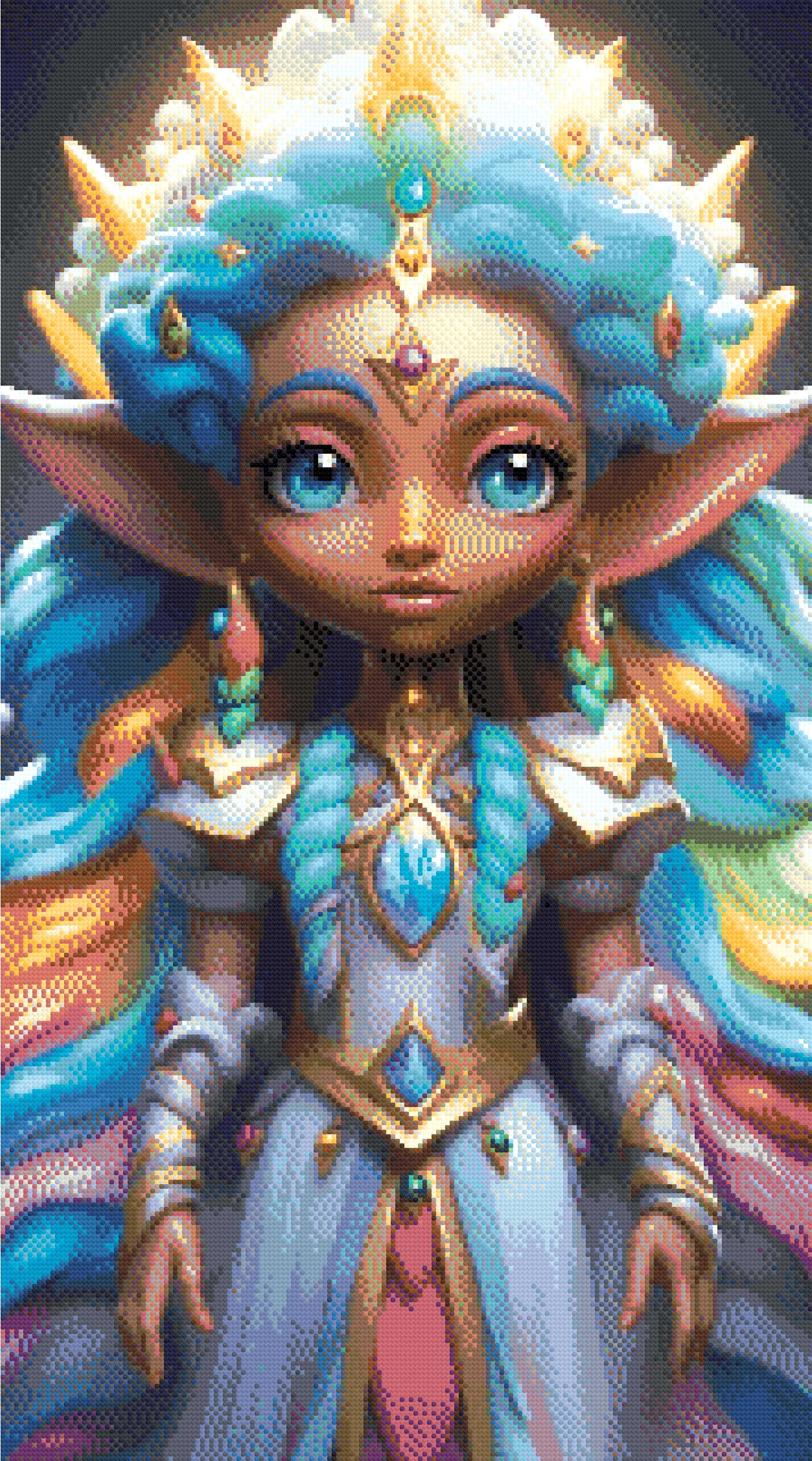 A Diamond Painting Rendering Of A Regal Elf Princess With Vibrant Pastel Hair And A Jeweled Dress Stands In A Magical Realm, Exuding Grace And Power. Size - 50cm X 90cm