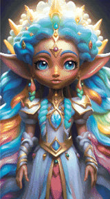 A Diamond Painting Rendering Of A Regal Elf Princess With Vibrant Pastel Hair And A Jeweled Dress Stands In A Magical Realm, Exuding Grace And Power. Size - 50cm X 90cm