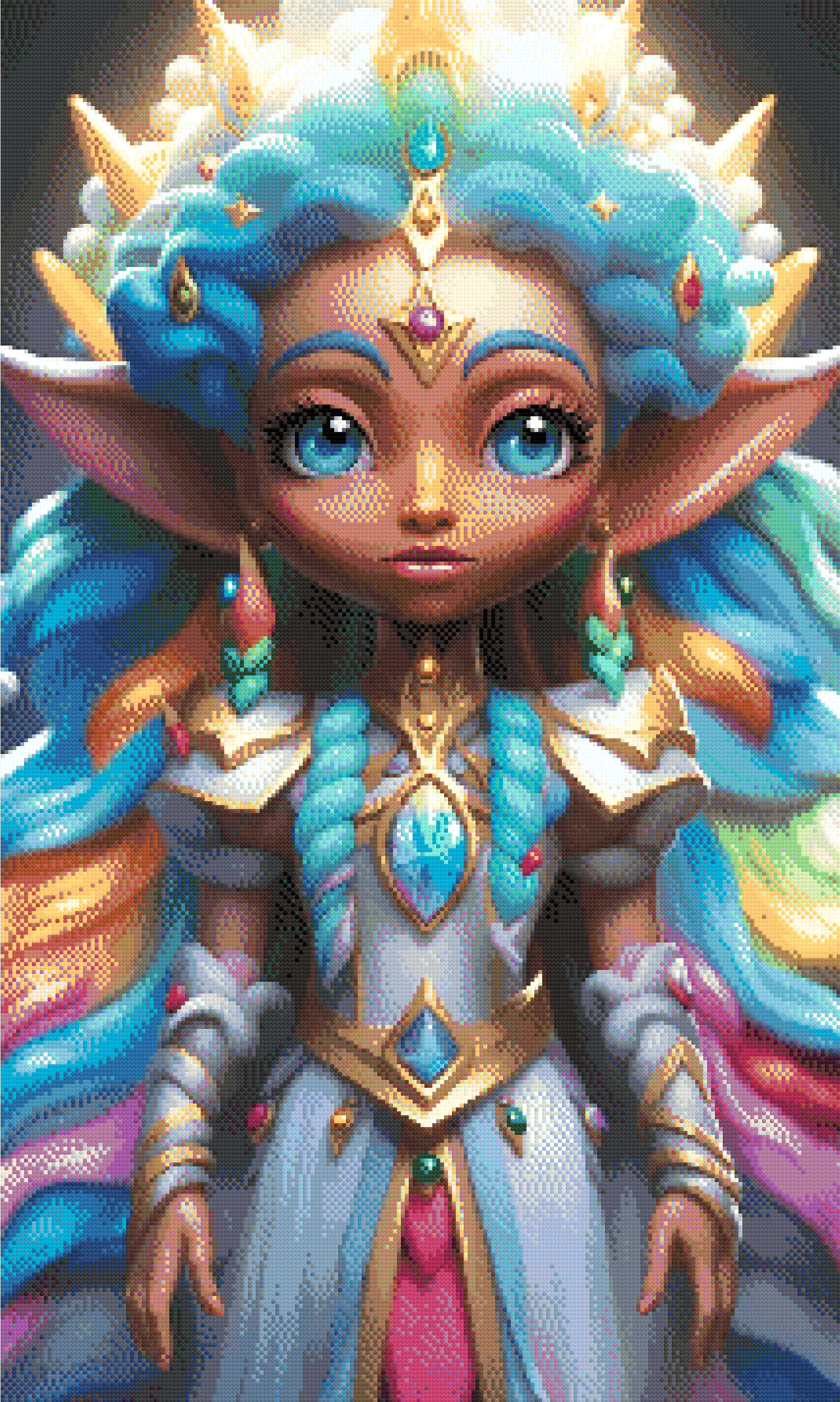 A Diamond Painting Rendering Of A Regal Elf Princess With Vibrant Pastel Hair And A Jeweled Dress Stands In A Magical Realm, Exuding Grace And Power. Size - 60cm X 100cm