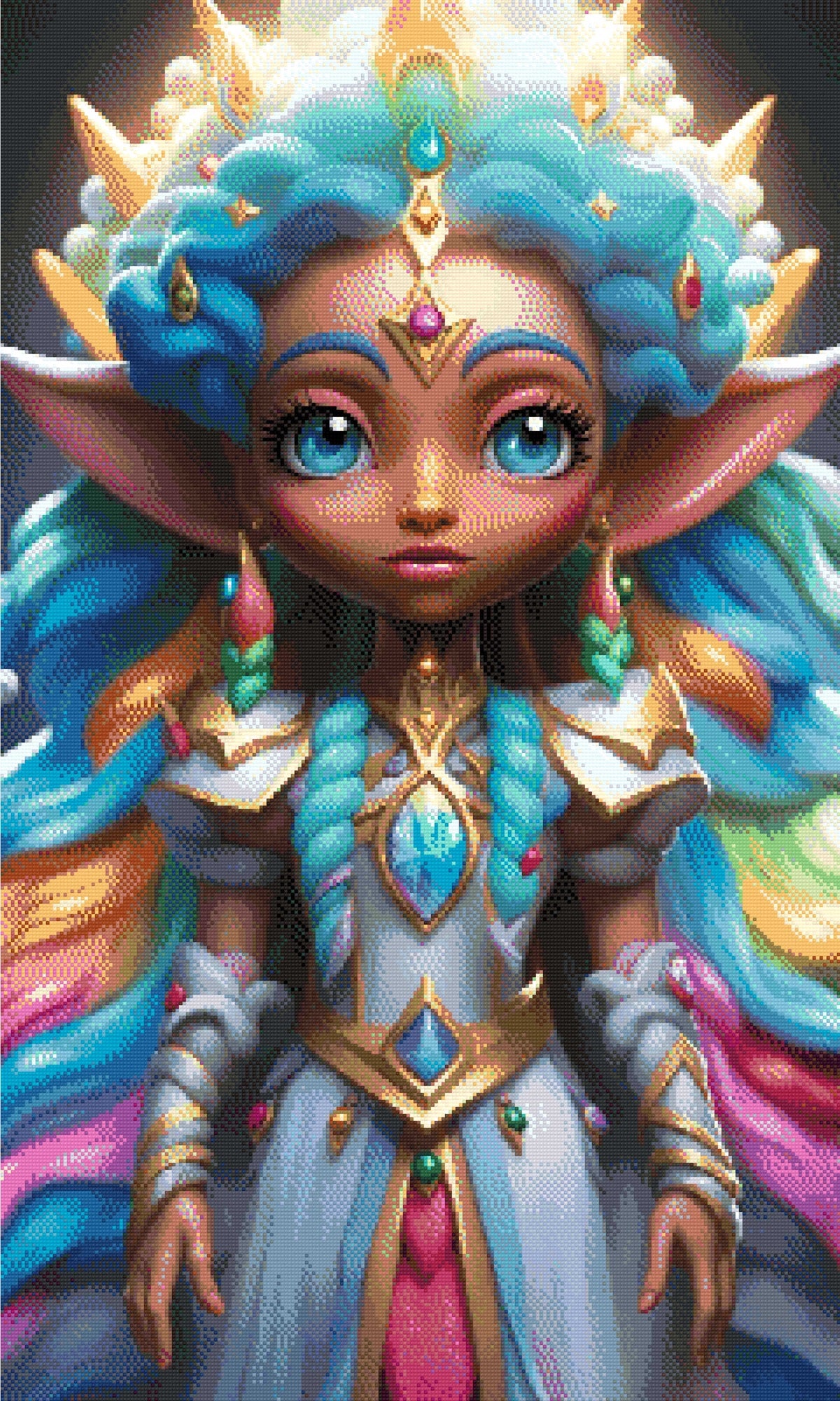 A Diamond Painting Rendering Of A Regal Elf Princess With Vibrant Pastel Hair And A Jeweled Dress Stands In A Magical Realm, Exuding Grace And Power. Size - 60cm X 100cm