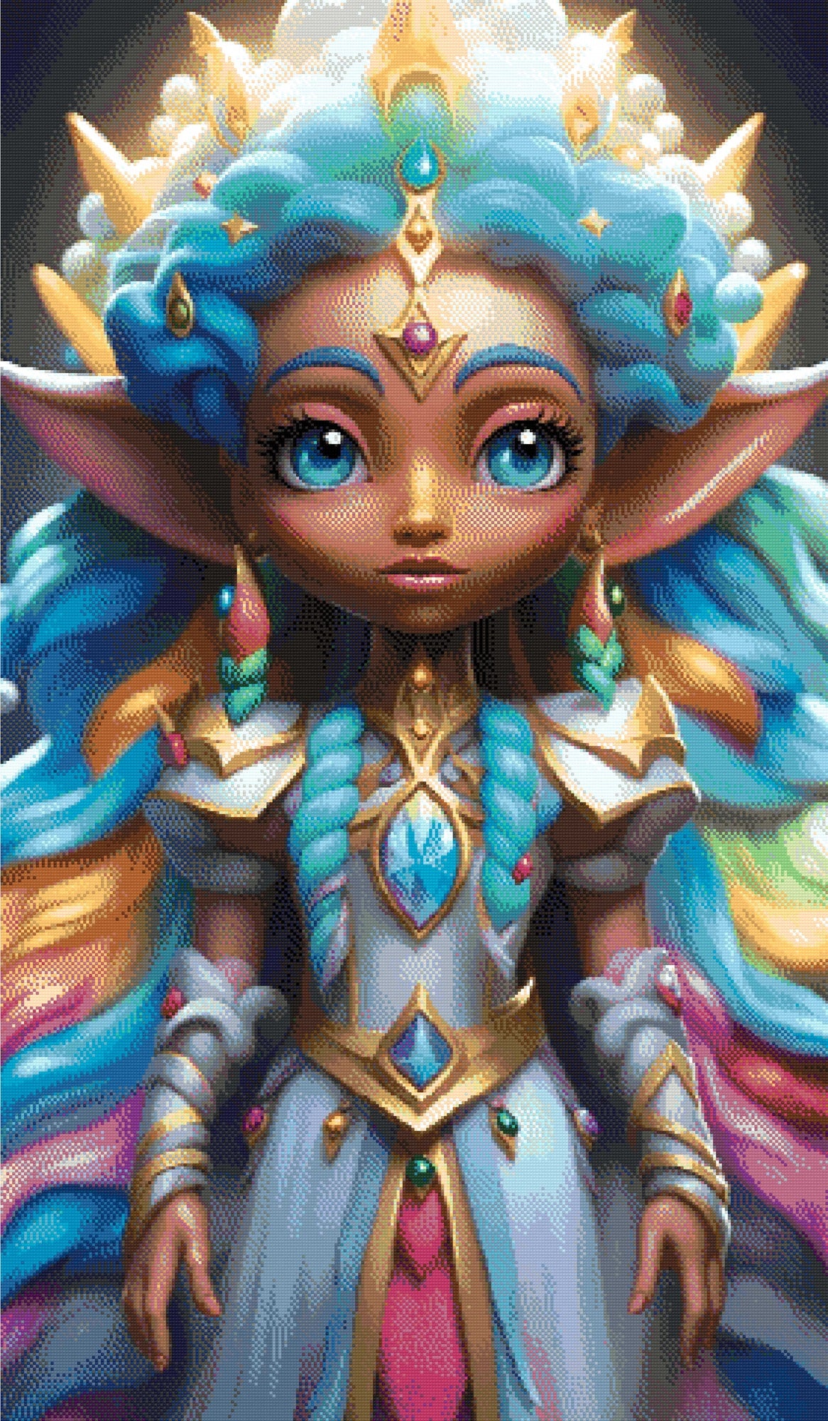 A Diamond Painting Rendering Of A Regal Elf Princess With Vibrant Pastel Hair And A Jeweled Dress Stands In A Magical Realm, Exuding Grace And Power. Size - 70cm X 120cm