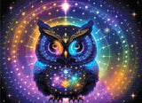 A Diamond Painting Rendering Of A Radiant Owl With Glowing Feathers In Blue, Purple, And Yellow Sits Amid Celestial Symbols And Constellations. Size - 110cm X 80cm