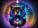 A Diamond Painting Rendering Of A Radiant Owl With Glowing Feathers In Blue, Purple, And Yellow Sits Amid Celestial Symbols And Constellations. Size - 110cm X 80cm