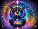 A Diamond Painting Rendering Of A Radiant Owl With Glowing Feathers In Blue, Purple, And Yellow Sits Amid Celestial Symbols And Constellations. Size - 120cm X 90cm