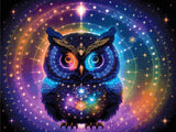 A Diamond Painting Rendering Of A Radiant Owl With Glowing Feathers In Blue, Purple, And Yellow Sits Amid Celestial Symbols And Constellations. Size - 120cm X 90cm