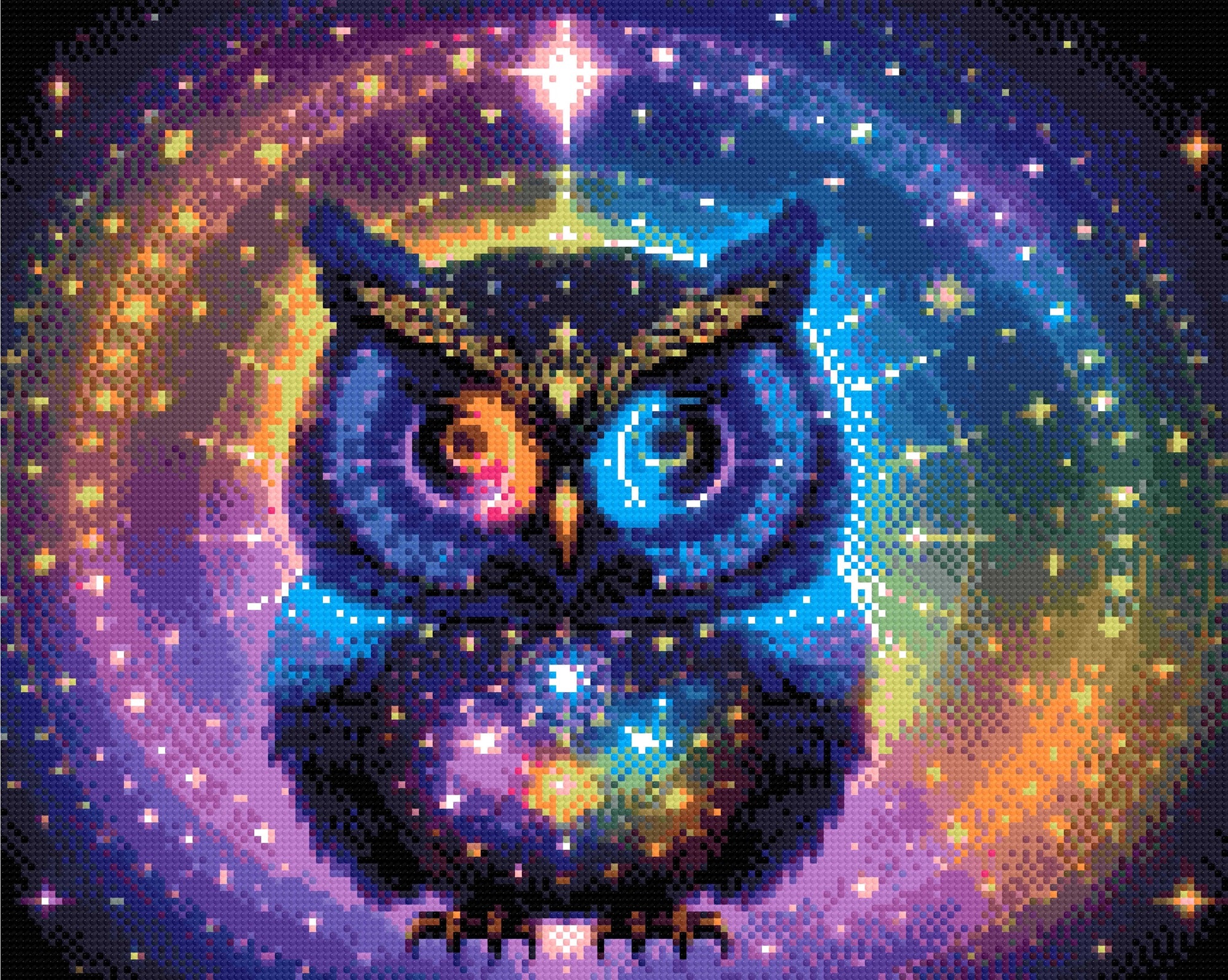 A Diamond Painting Rendering Of A Radiant Owl With Glowing Feathers In Blue, Purple, And Yellow Sits Amid Celestial Symbols And Constellations. Size - 50cm X 40cm