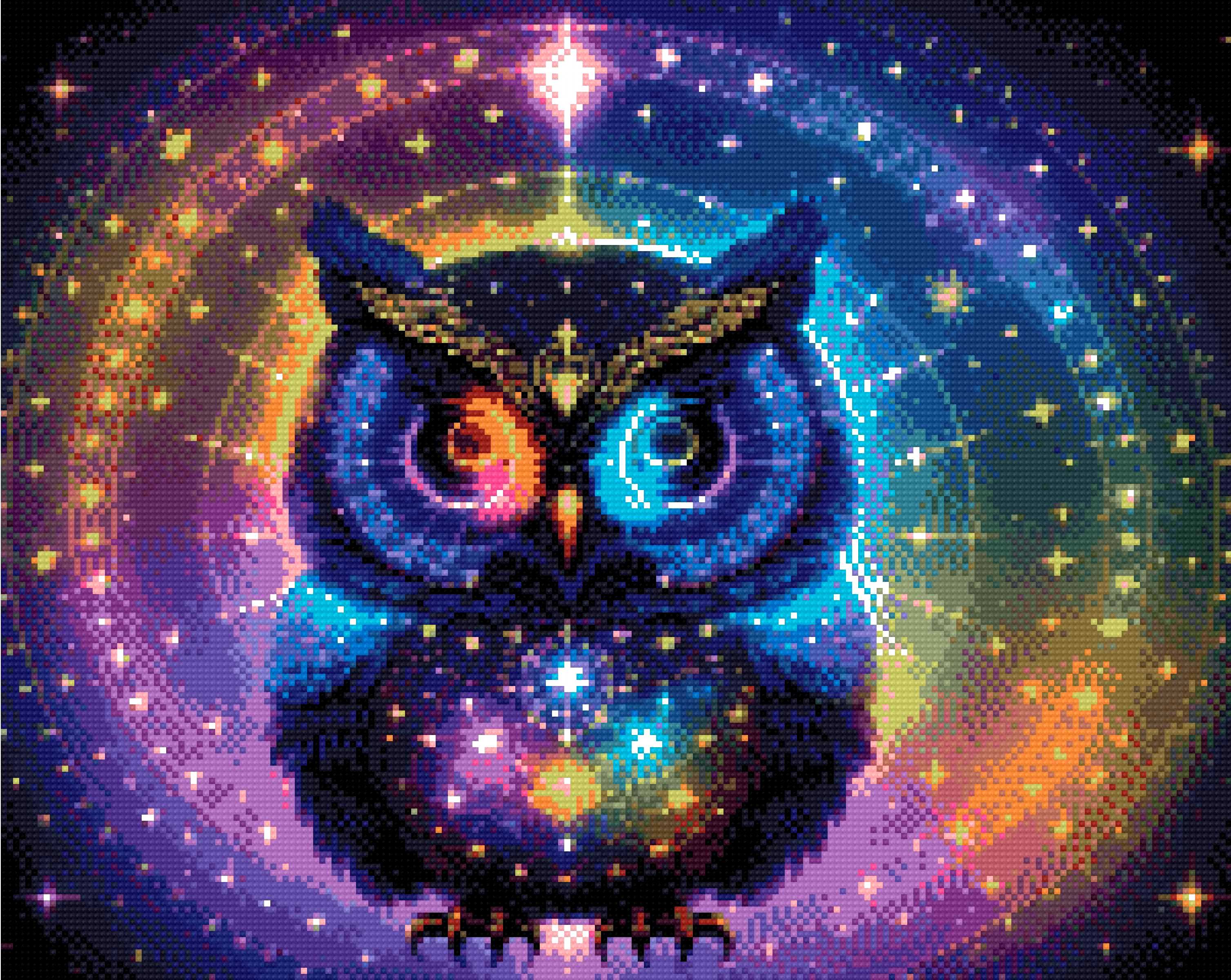 A Diamond Painting Rendering Of A Radiant Owl With Glowing Feathers In Blue, Purple, And Yellow Sits Amid Celestial Symbols And Constellations. Size - 50cm X 40cm